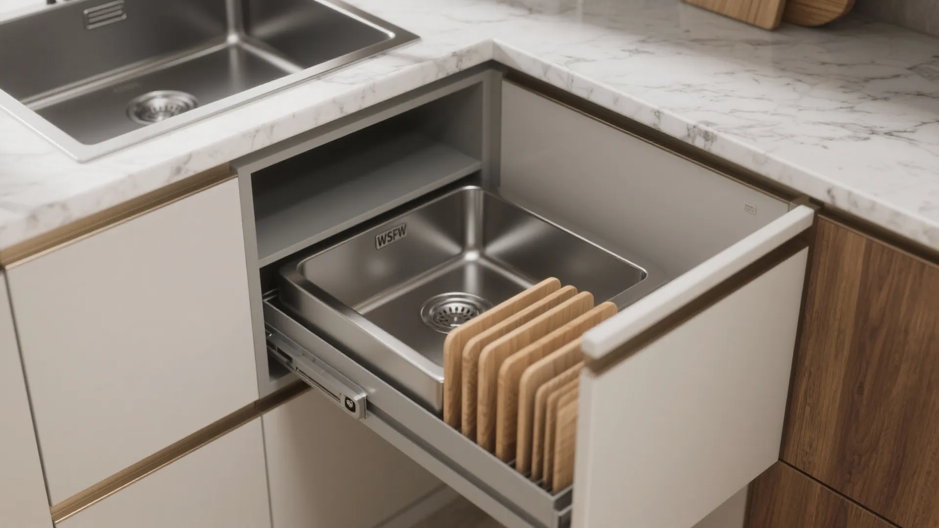 5. Corner diagonal sink + vertical storage