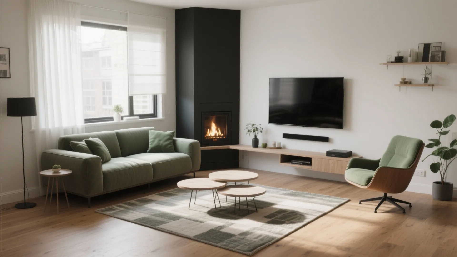 Modern living room with green sofa green chair black corner fireplace television and wooden floor
