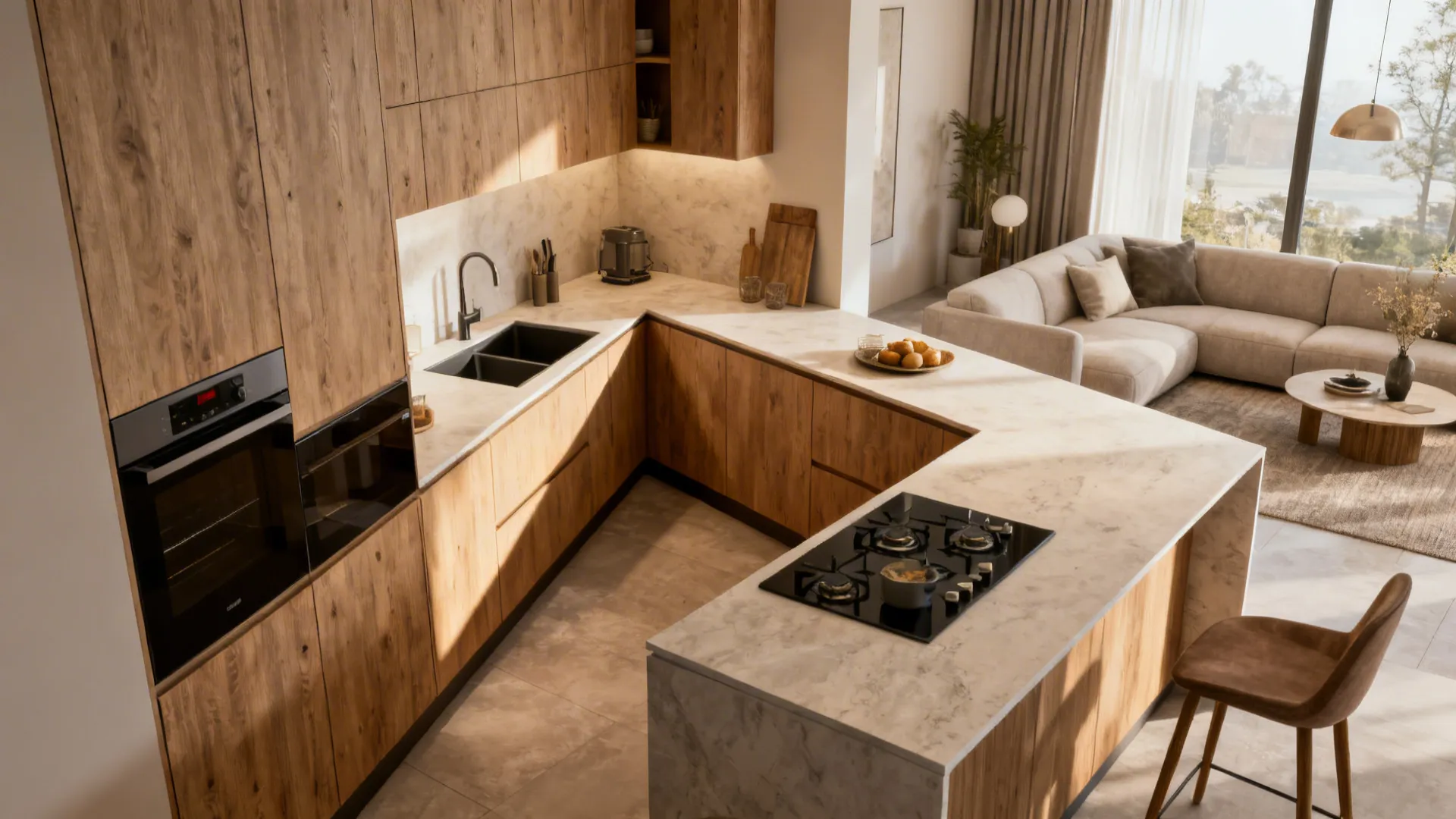 Corner kitchen angled diagonally toward the seating area to enhance connection and sightlines.