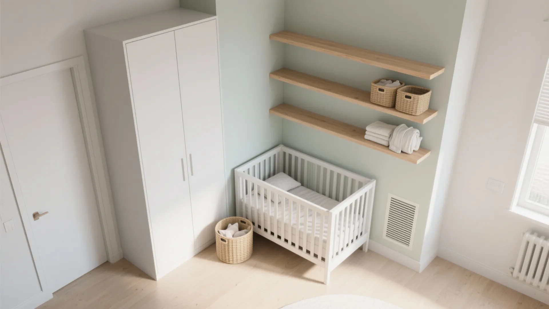 Nursery room with white baby bed white cabinet wooden wall shelves and light green wall