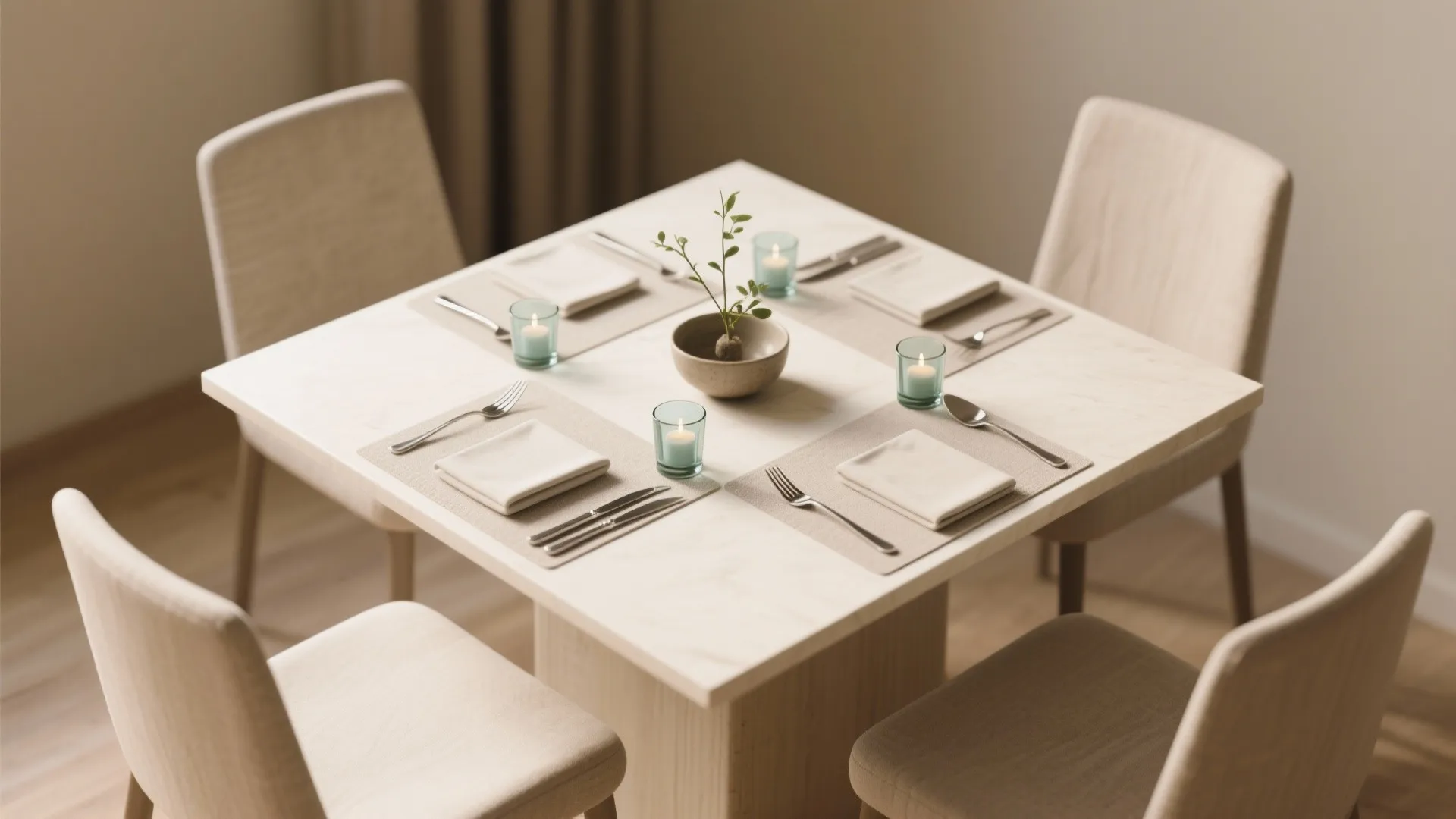 Modern square dining table with four chairs beige napkins small candles and a center plant