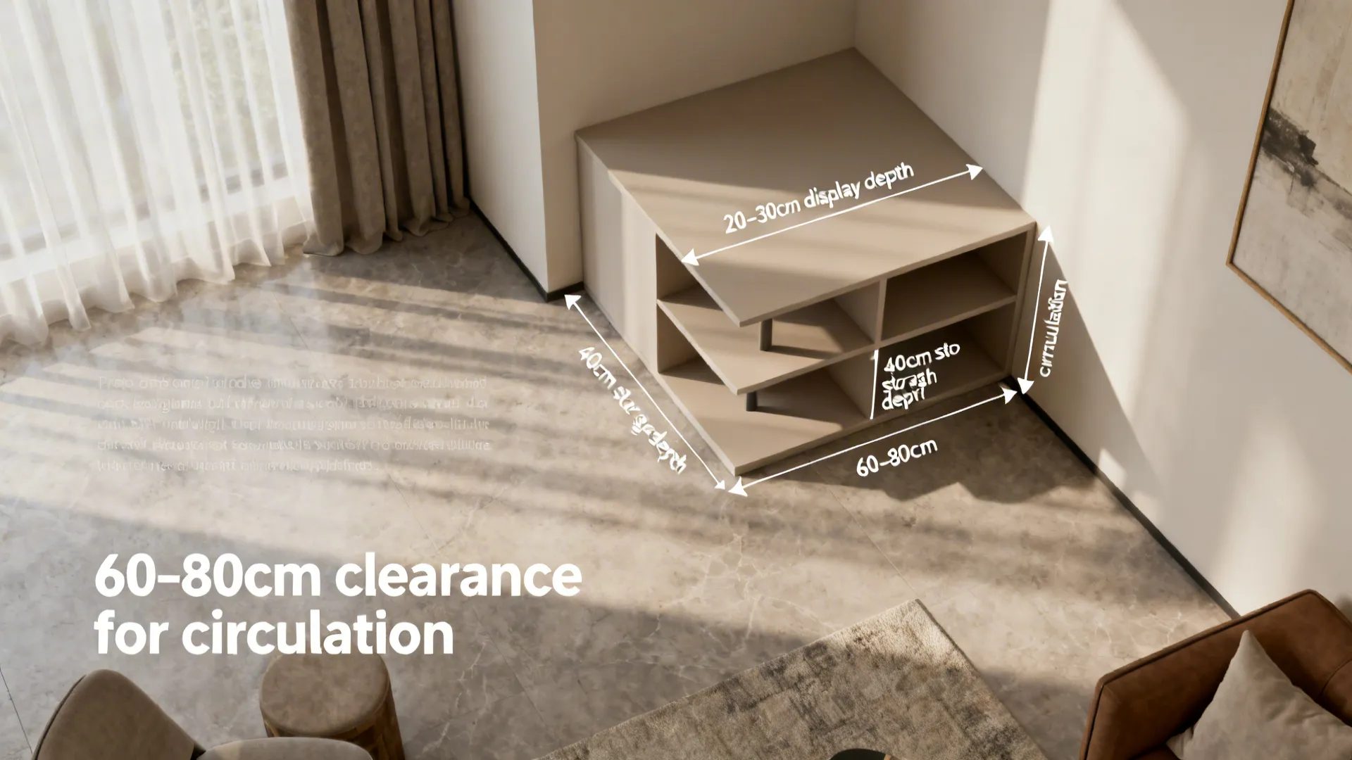 Top-down room mockup showing corner shelf dimensions and clearance recommendations