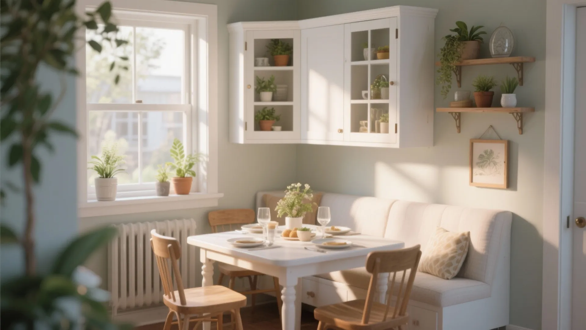 Slim corner cabinet in bright dining nook