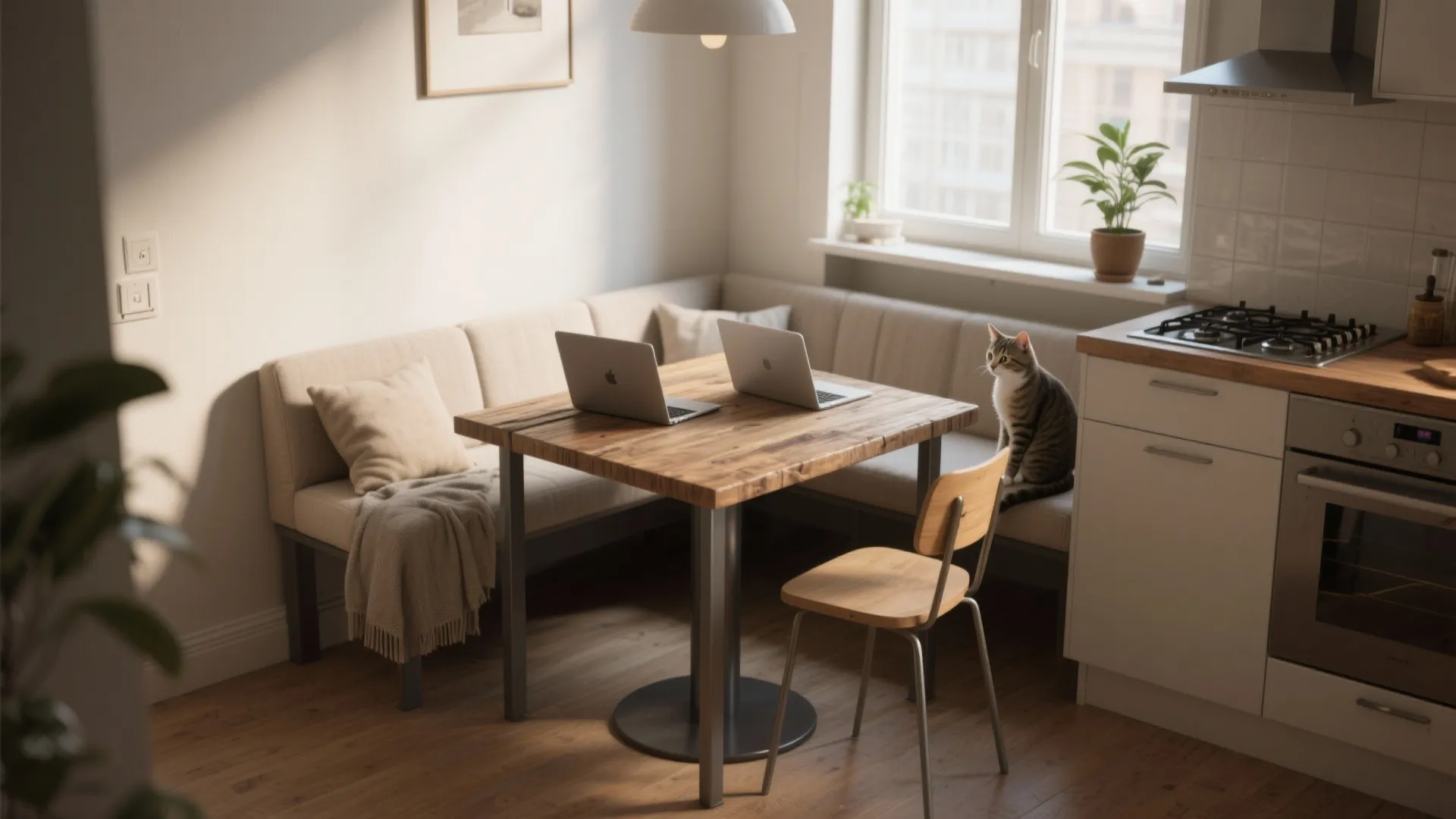 Modern small kitchen dining area with wood table, two laptops, grey sofa bench, and cat