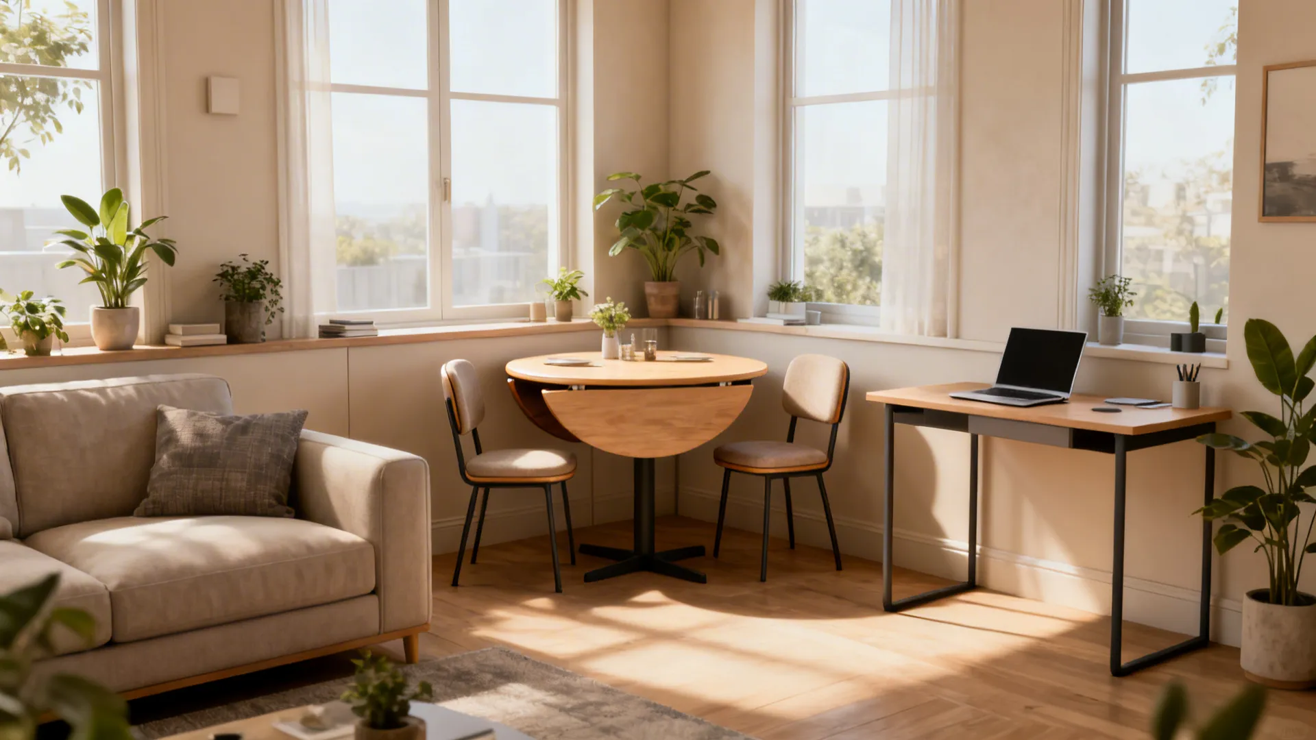 L-shaped corner used as a compact dining spot and mini office with a round table and slim desk.
