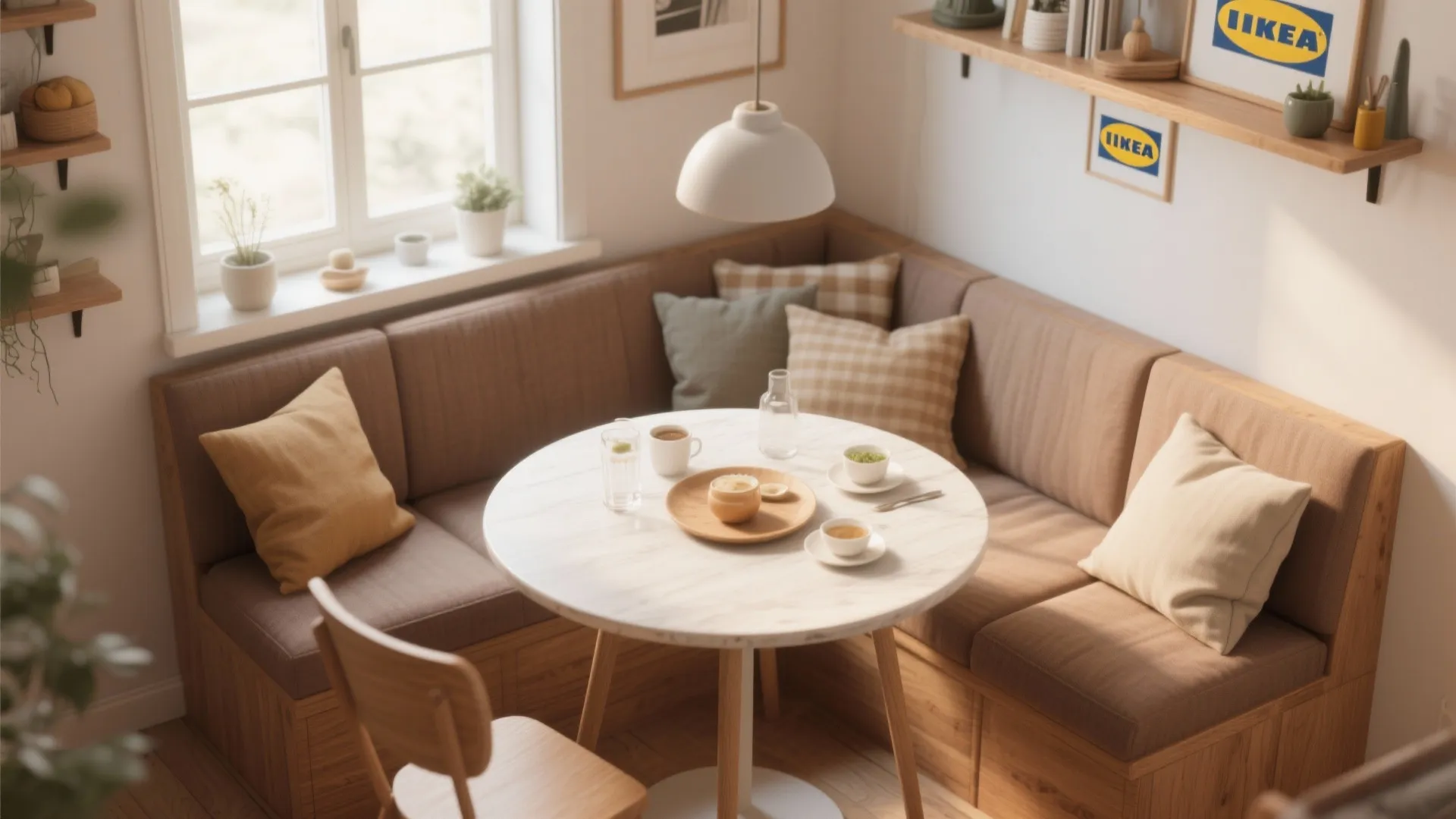 Cozy dining corner with wooden bench, round white table, white ceiling light, and soft pillows