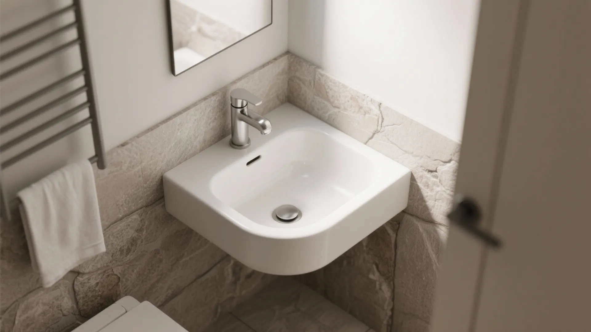Small white corner bathroom sink with silver faucet and stone wall design in tiny space