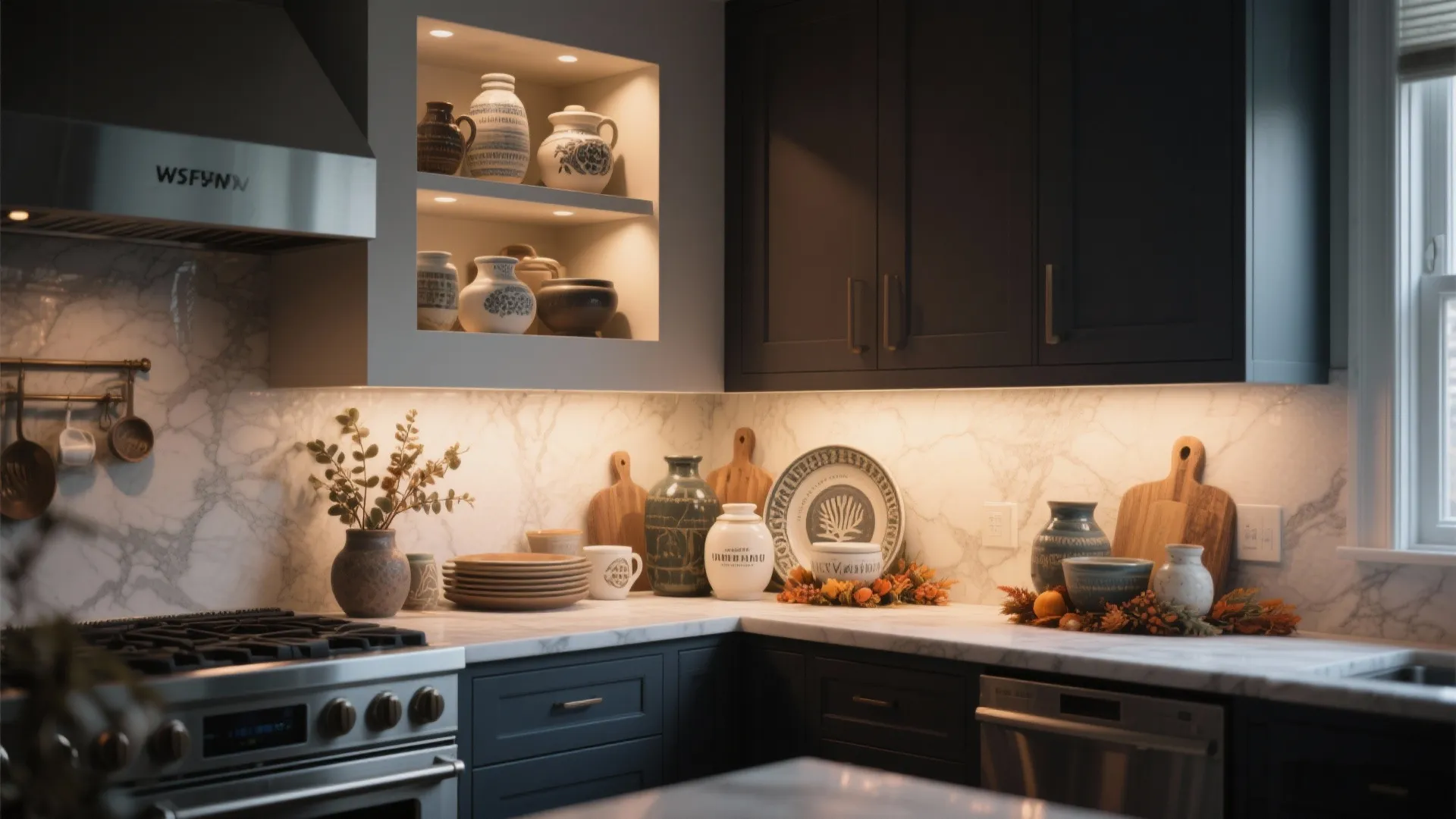 Dark grey kitchen cabinets with marble wall and warm lights showing pottery on open shelves