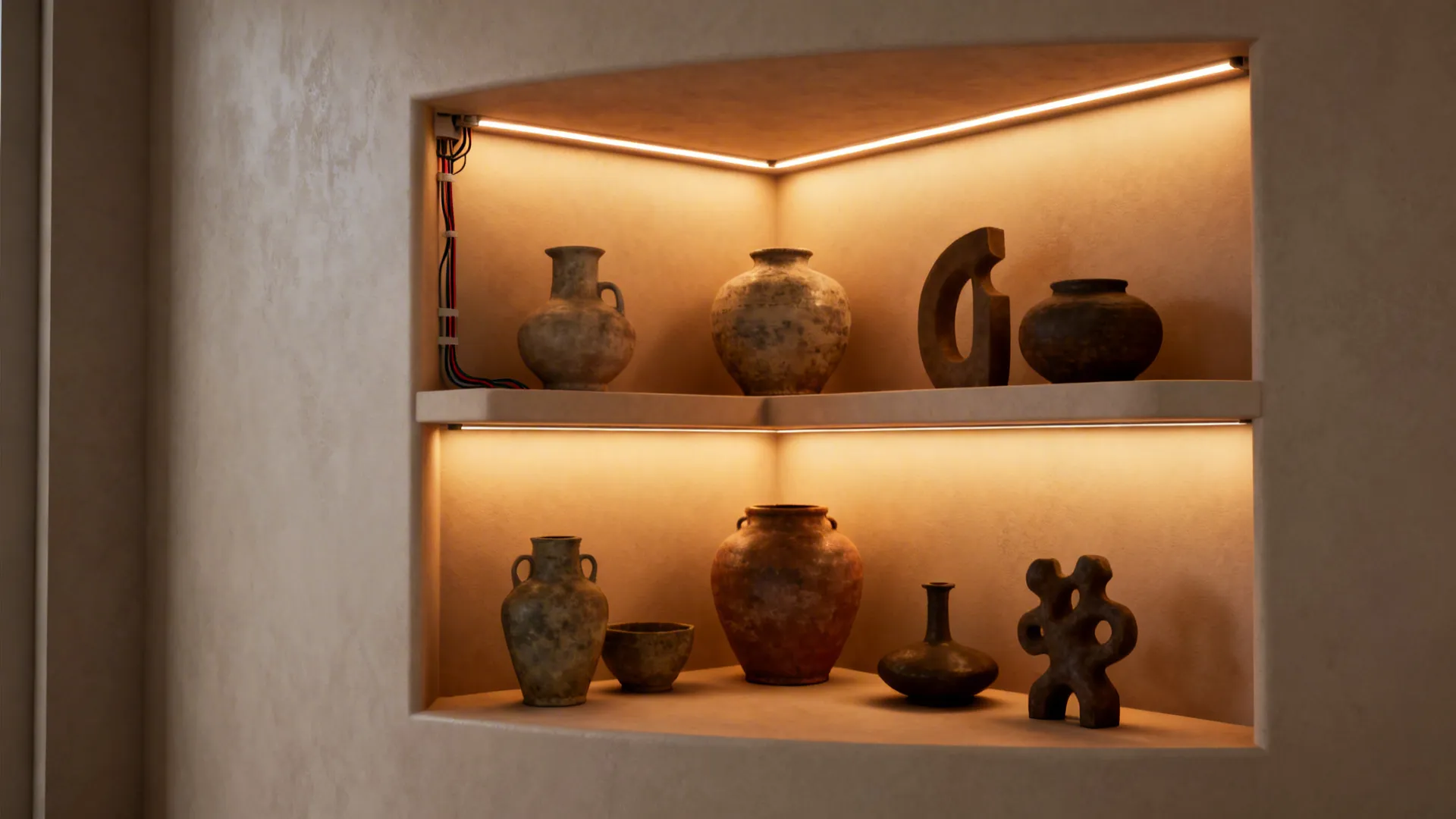 Built-in wall corner shelf displaying various clay pots and vases with warm hidden light fixture