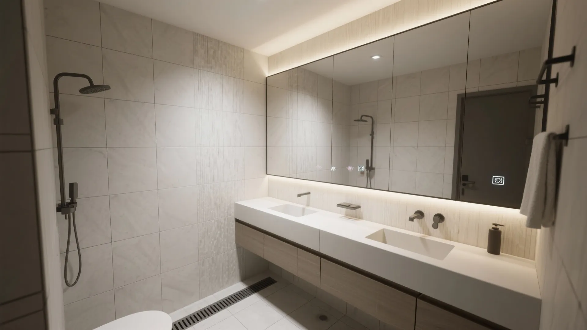 5. Compact wet room with corner drain and visual depth tricks