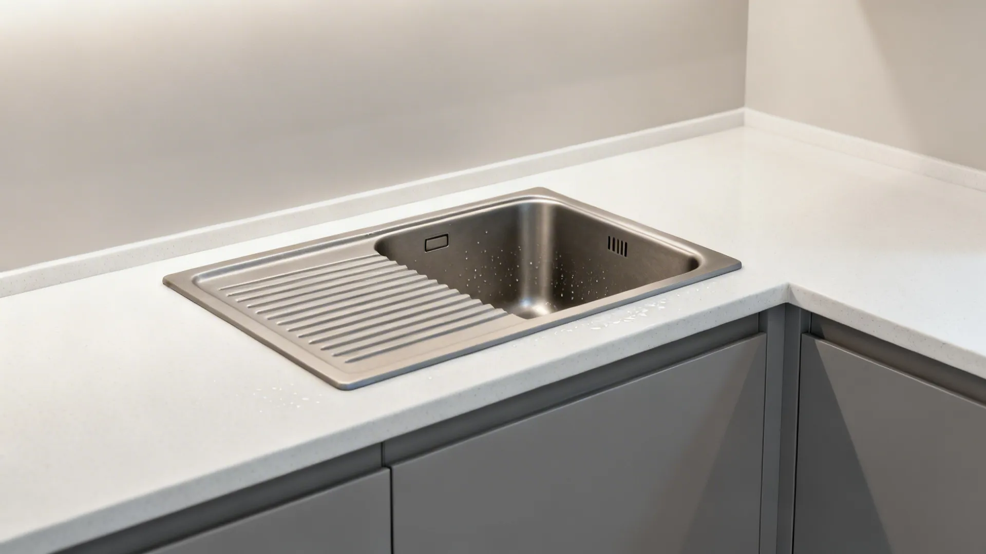 Macro detail of a corner sink’s integrated ribbed drainer sloped toward the prep zone.