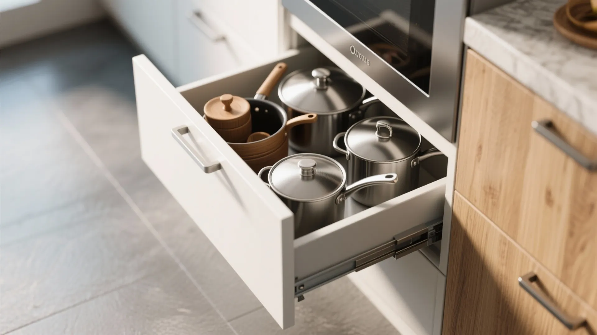 Open white kitchen cabinet drawer filled with silver metal pots and pans in modern home