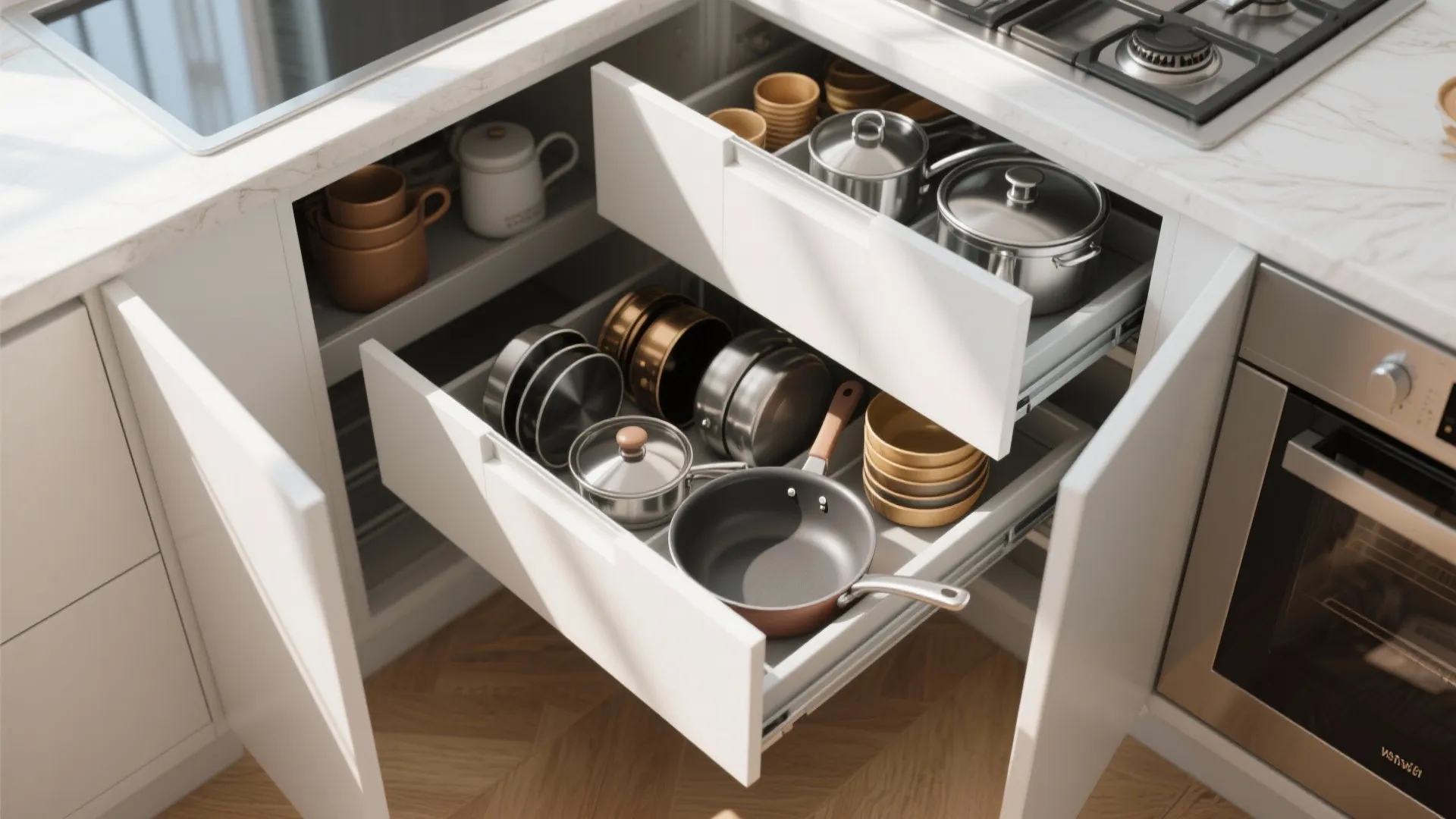 Open corner kitchen drawer system organized with metal pots pans and ceramic bowls for storage
