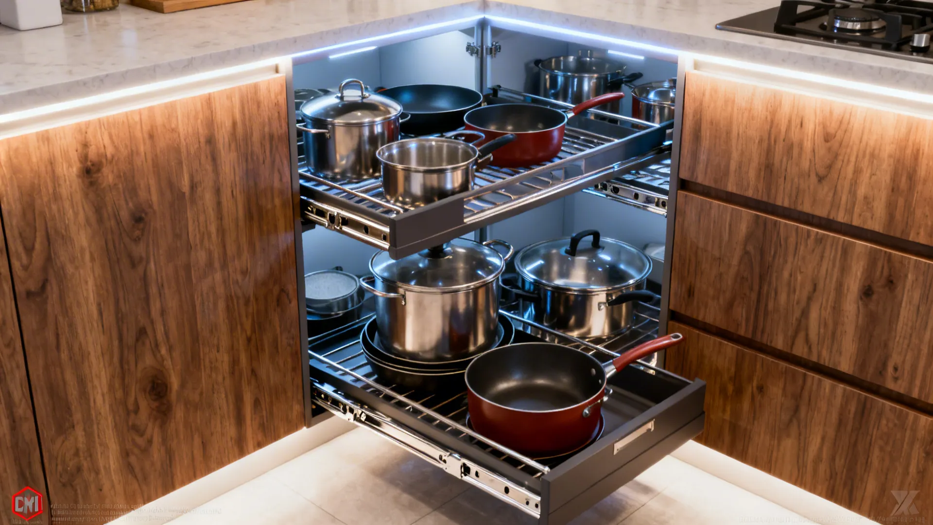 Kitchen corner pull-out drawer system open showing organized pots and pans.
