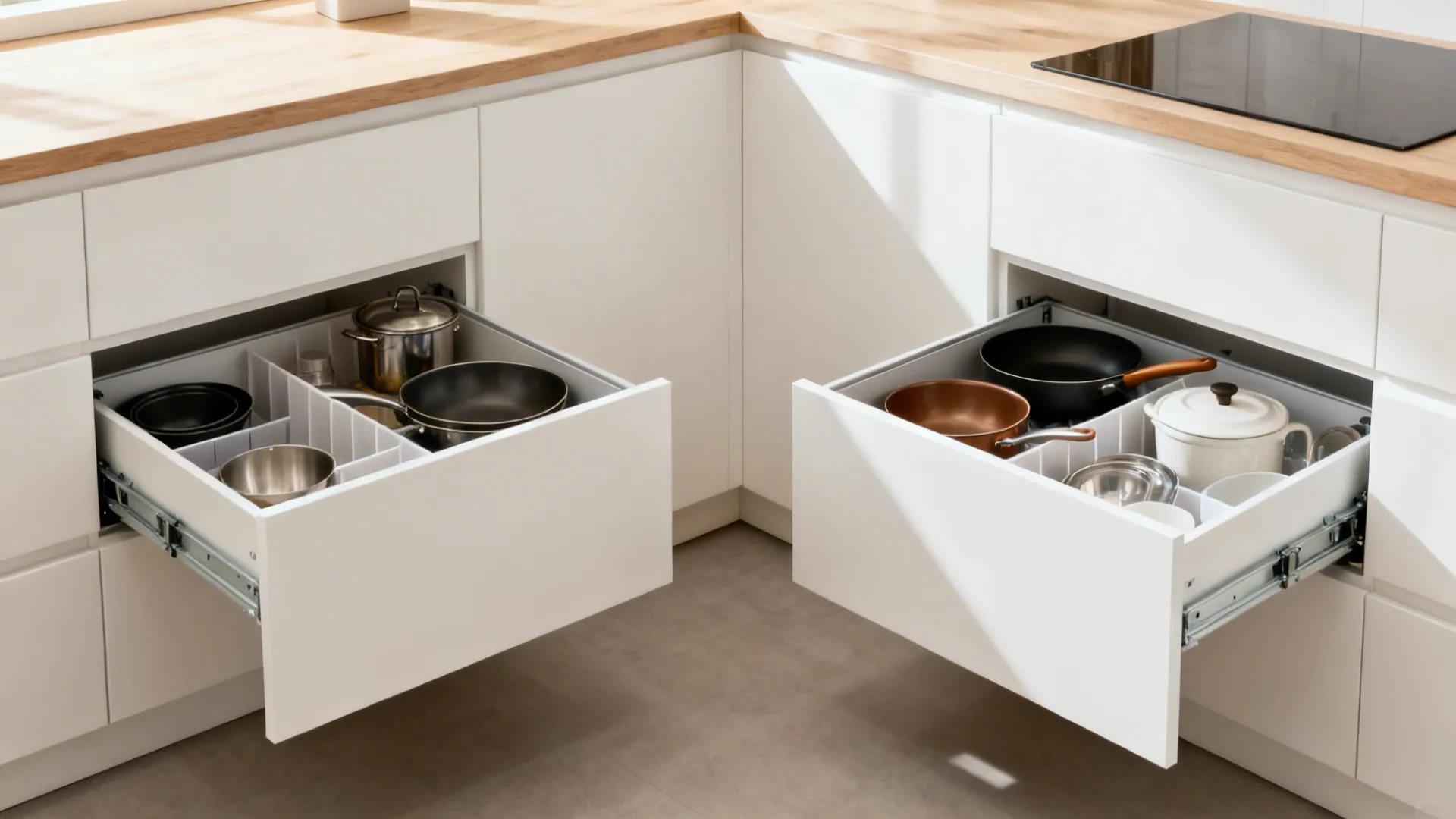 U-shaped kitchen corner with deep drawers up to a blocked corner, neatly organized cookware.