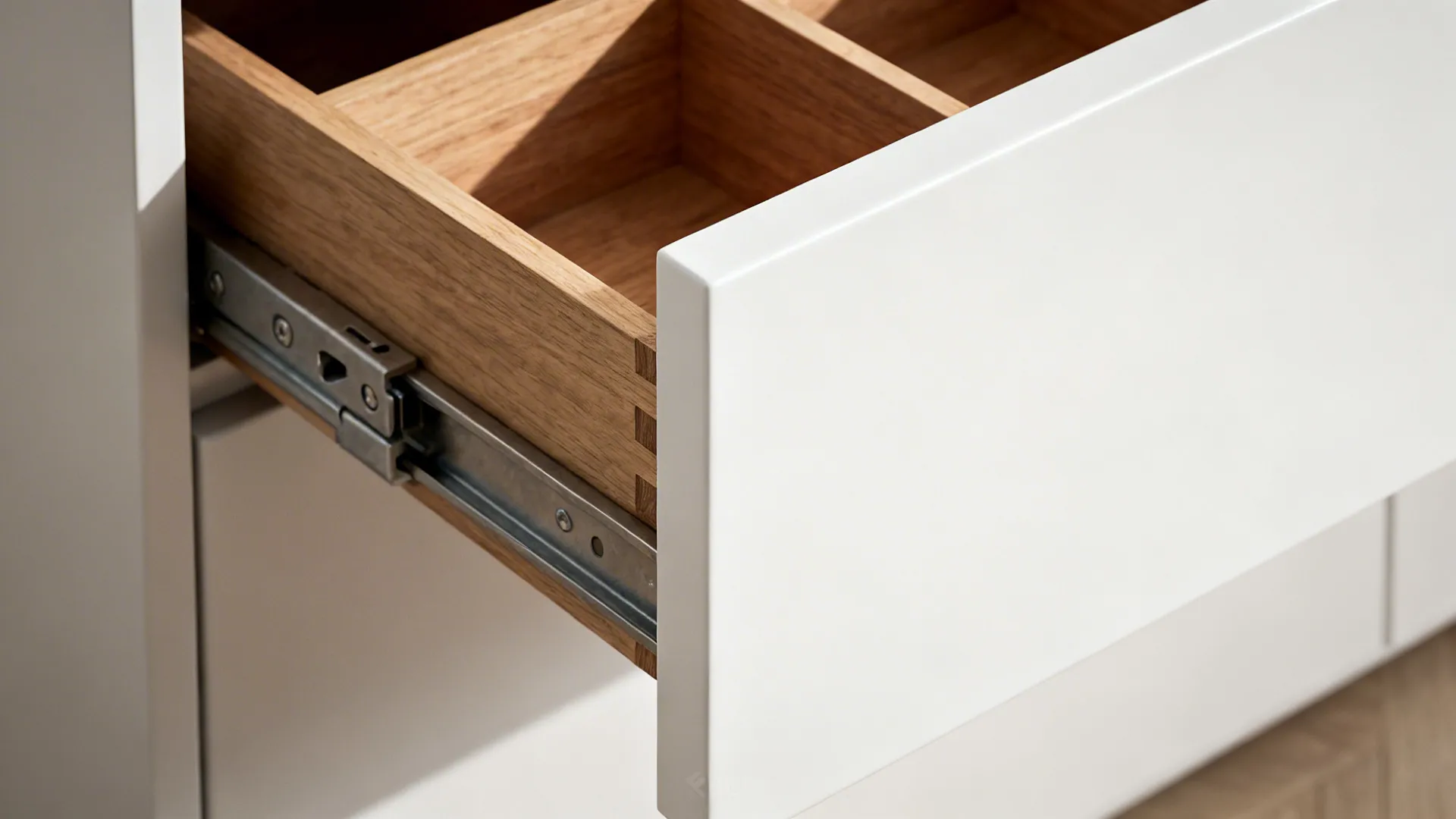 Close-up of a corner drawer slide and oak dividers with matte white front.