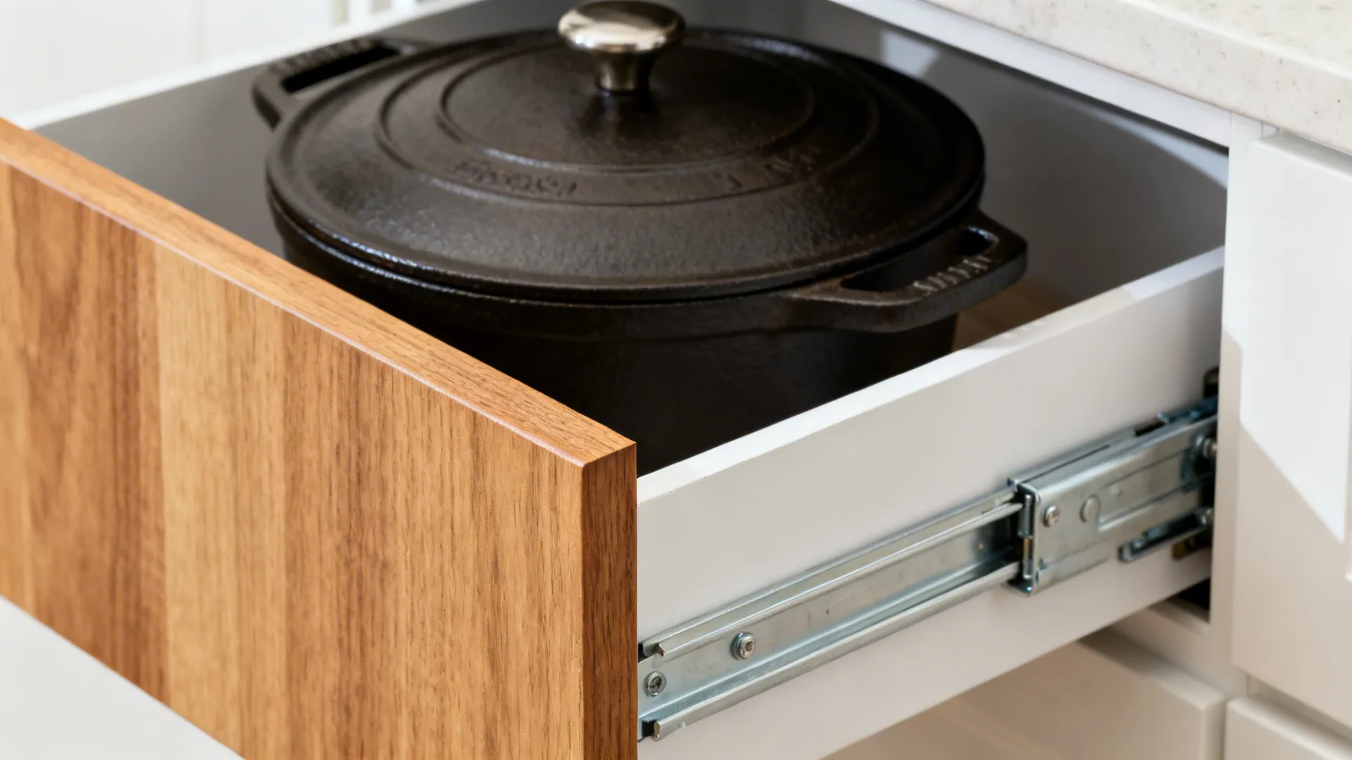 Macro of a heavy-duty corner drawer glide with a Dutch oven inside.