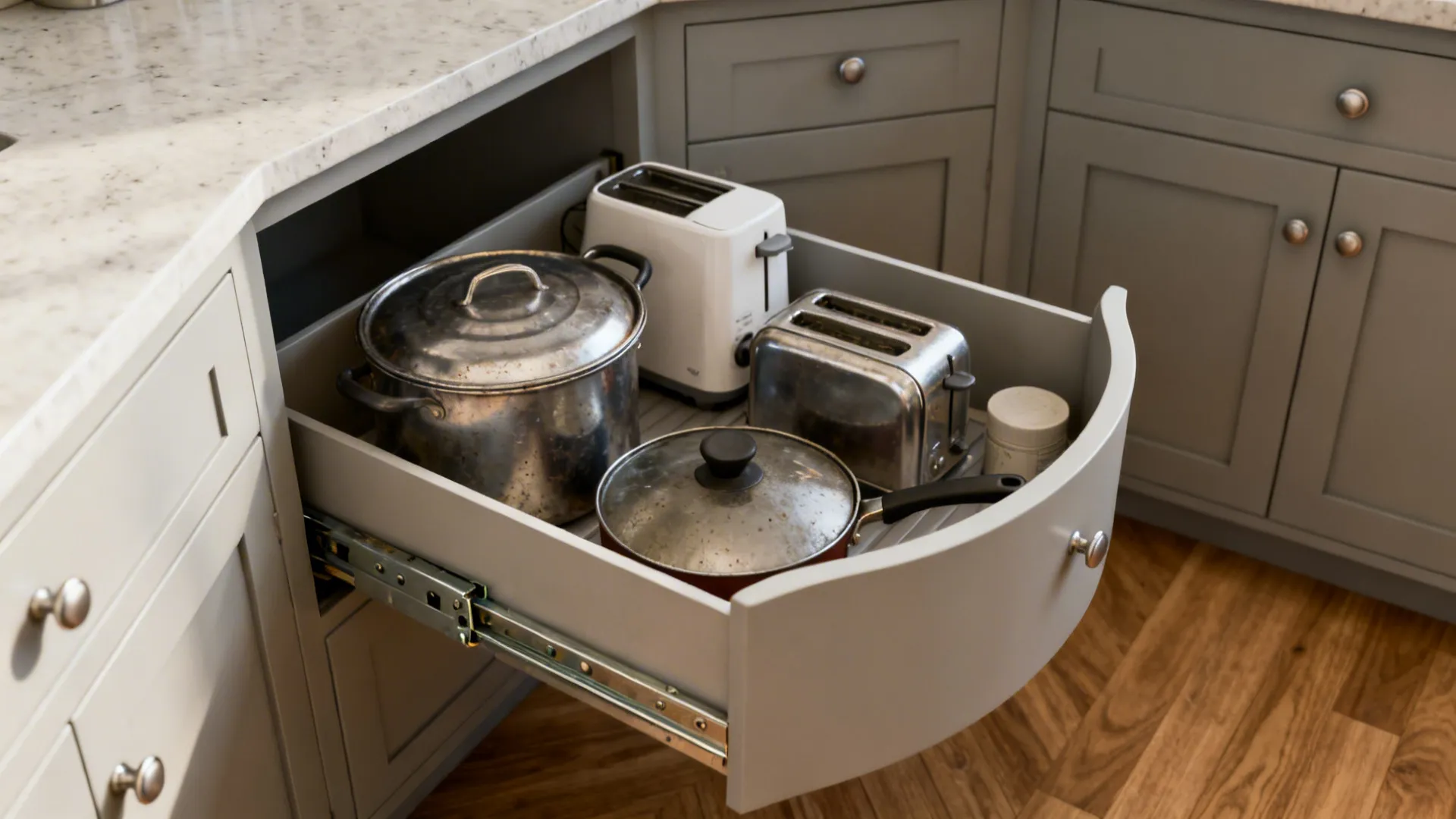 Close-up of a corner drawer system with scooped trays and soft-close hardware in an L-kitchen.