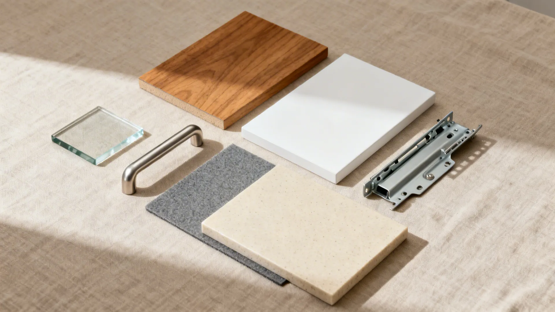Flat lay of oak veneer, matte white lacquer, low-iron glass, nickel pull, slides, and quartz samples for corner drawers.