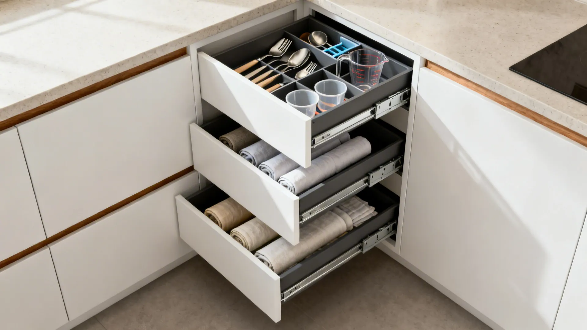 Angled corner drawer stack open, showing organized utensils, wraps, and linens.