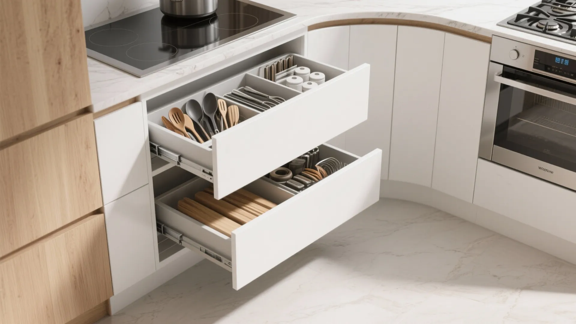 Modern white kitchen corner cabinet with two open pull out drawers storing organized wooden kitchen utensils