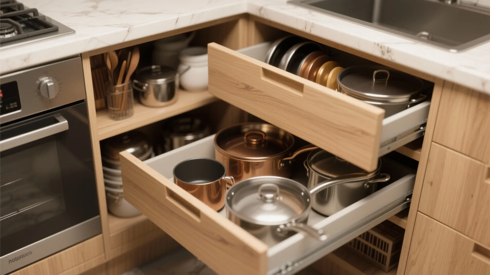 Open wooden kitchen corner drawers filled with various metal pots and copper pans near an oven