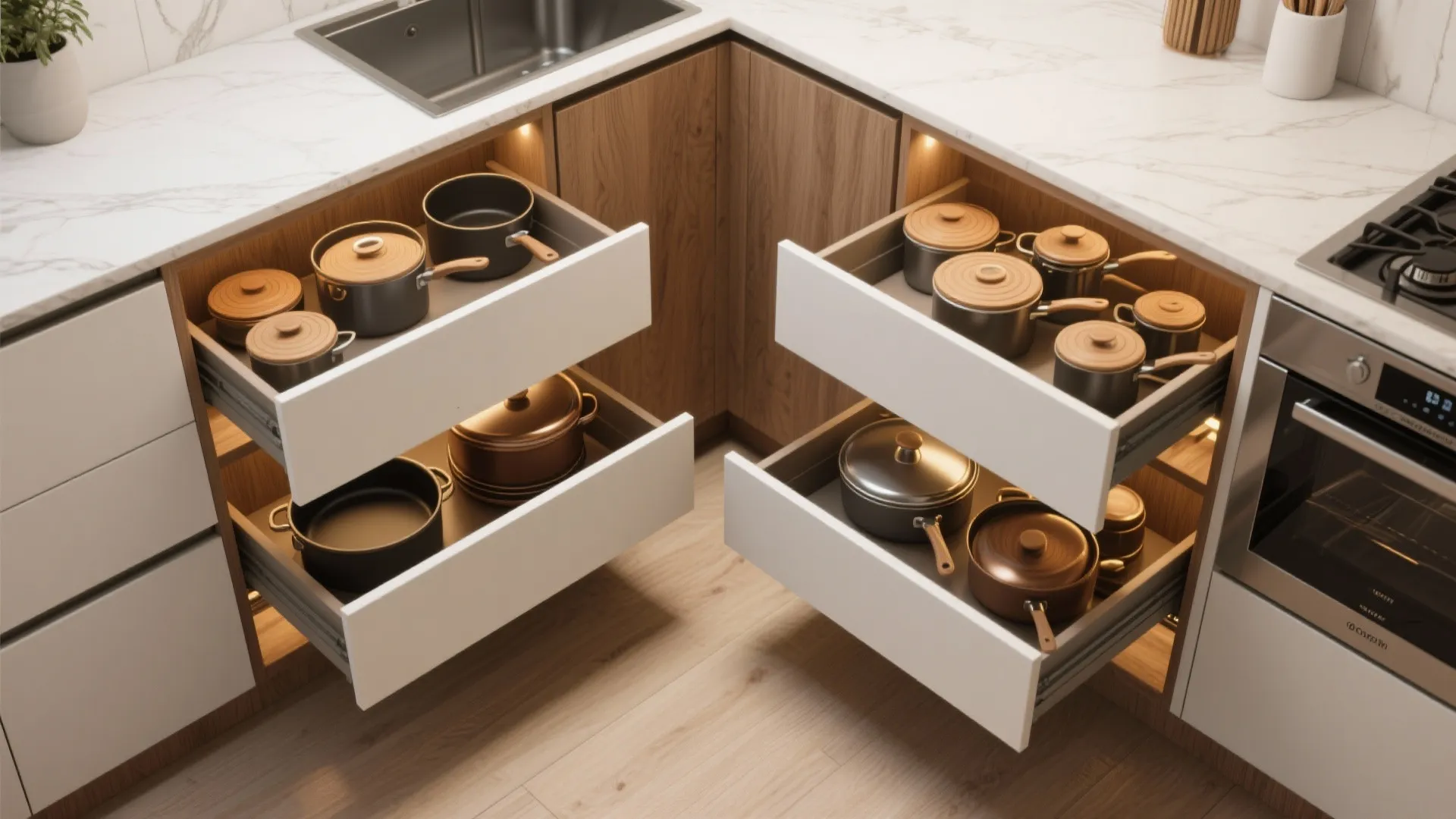 Top-down view of angled kitchen corner drawers neatly storing cookware