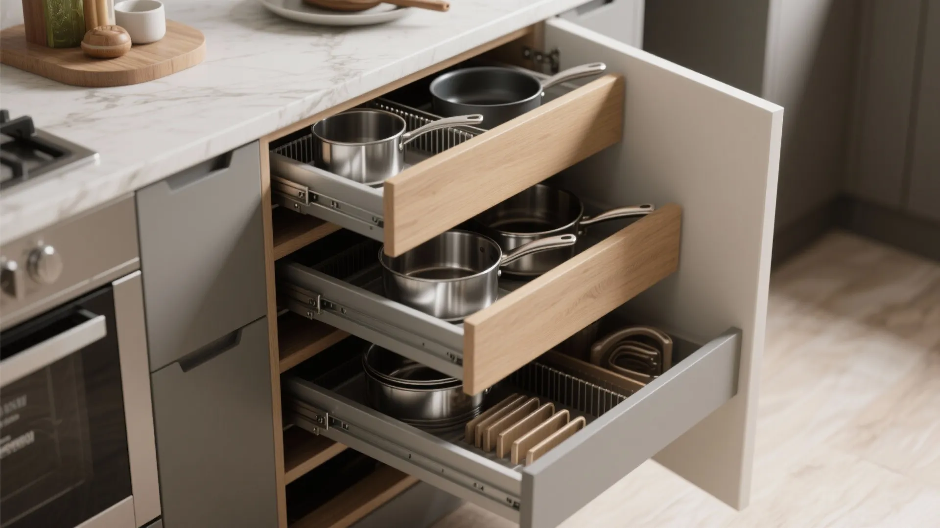 Kitchen base cabinet with multiple pull out wooden drawers containing stainless steel pots and pans