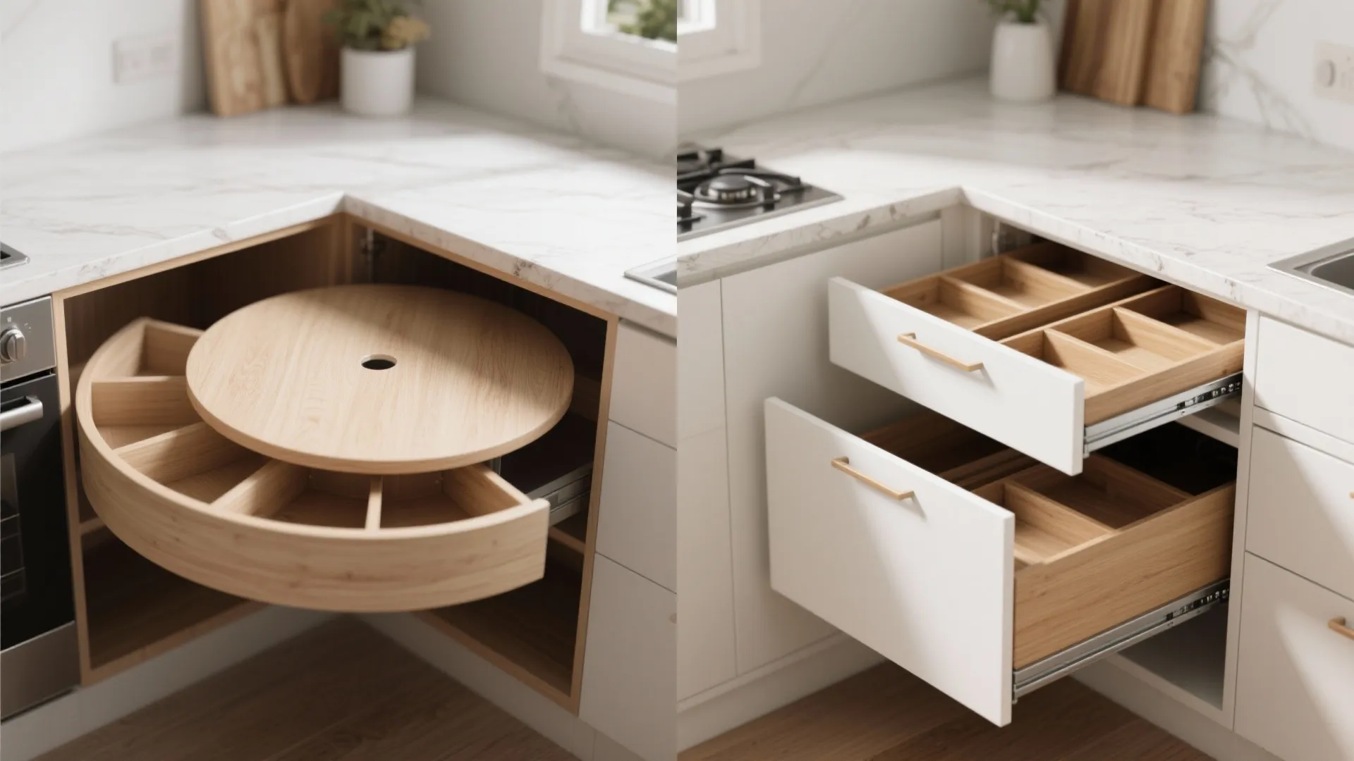 Rotating wooden kitchen corner organizer next to white pull out drawers for efficient home storage