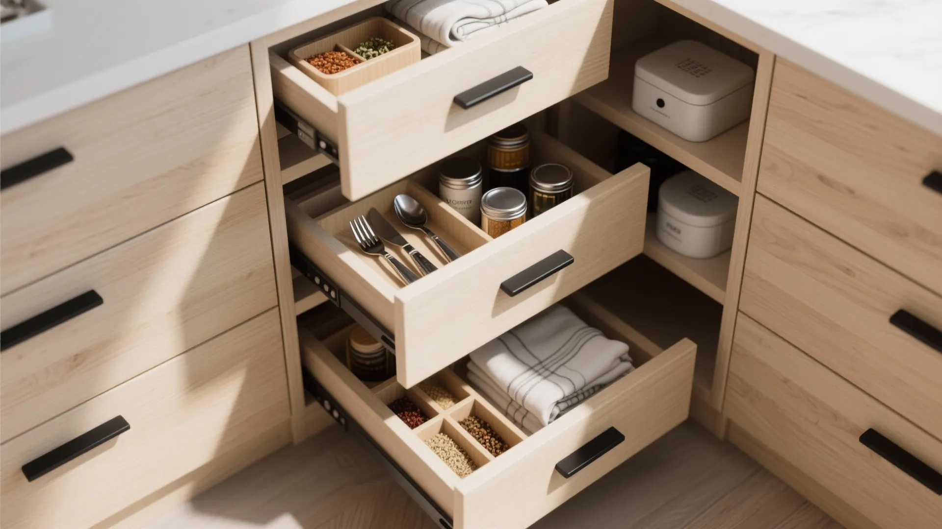 Open wooden kitchen drawers showing organized forks spoons spice jars and folded white hand towels