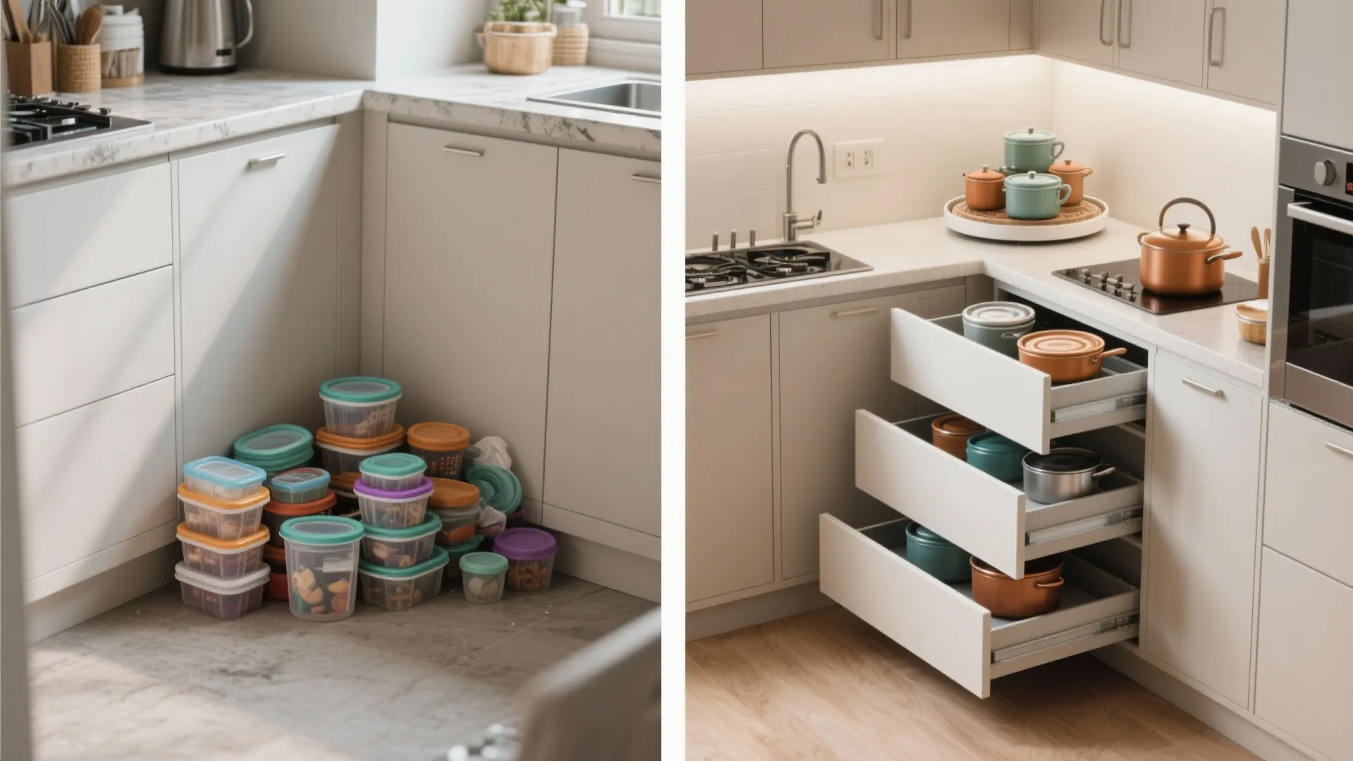 3. Use Corner Drawers and Lazy Susans Smartly