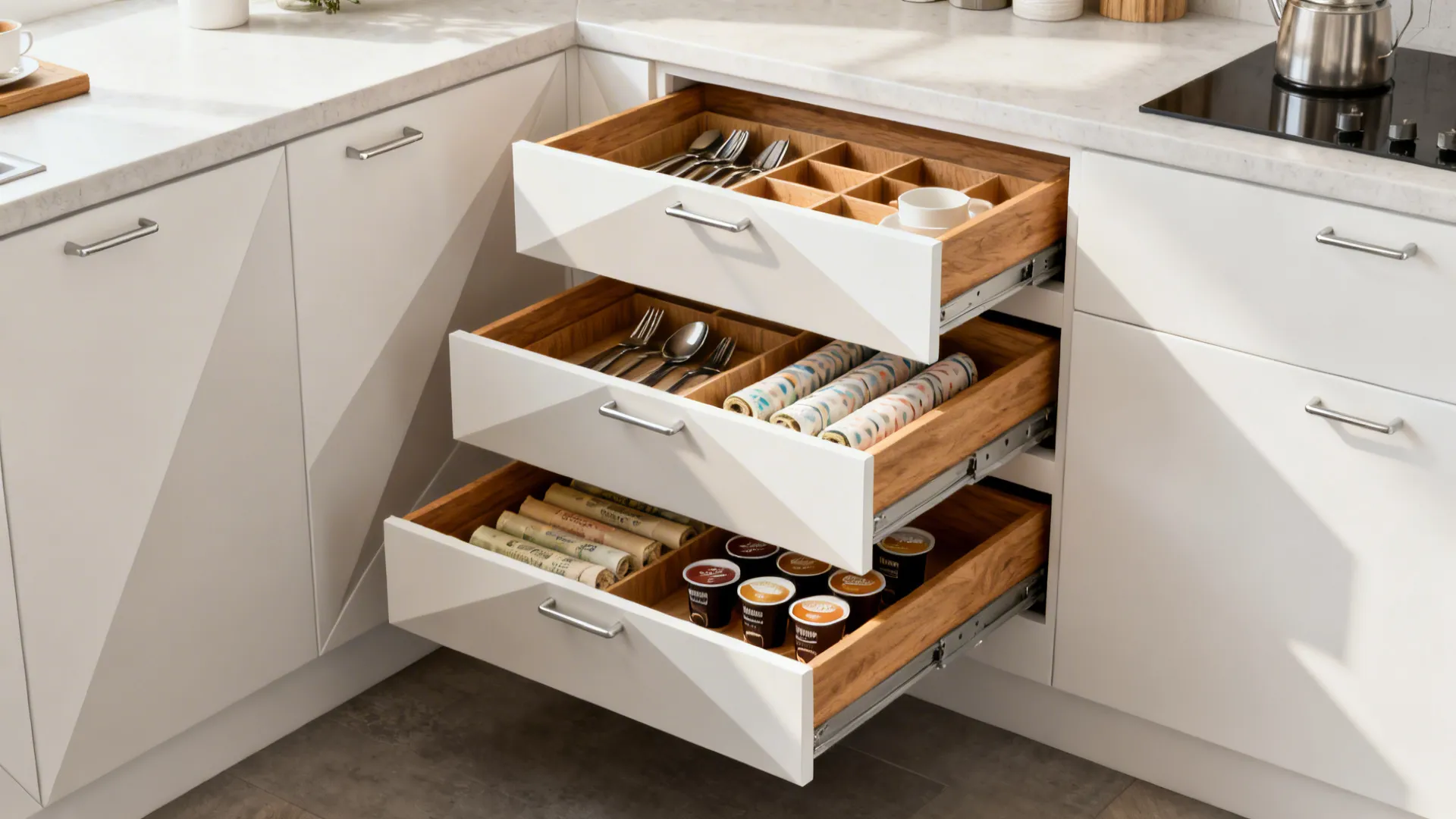 Corner drawers with diagonal fronts open to reveal organized inserts and dividers in a small kitchen.