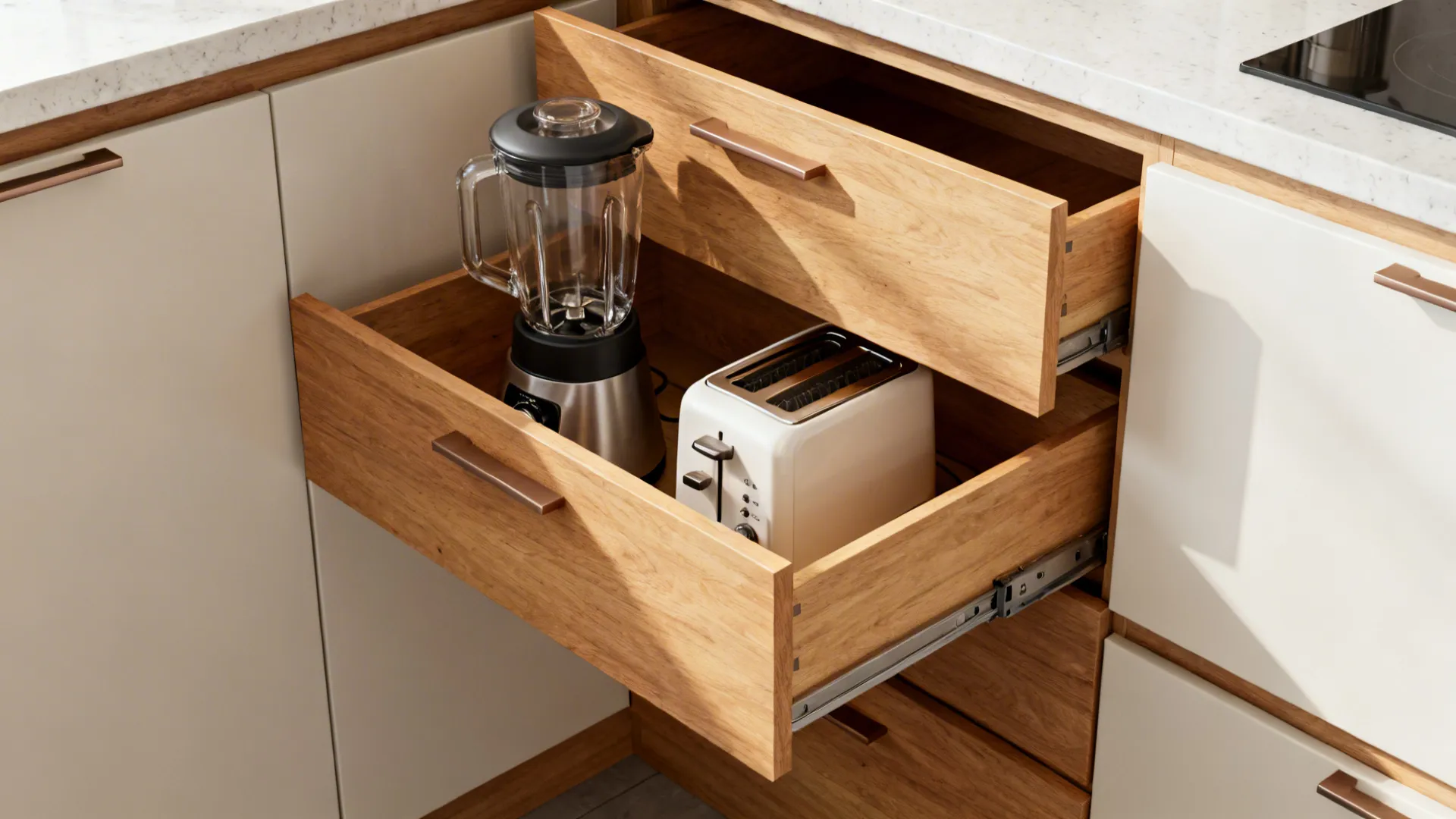 Macro of beveled corner drawers in light oak pulling forward for easy access in a small kitchen.