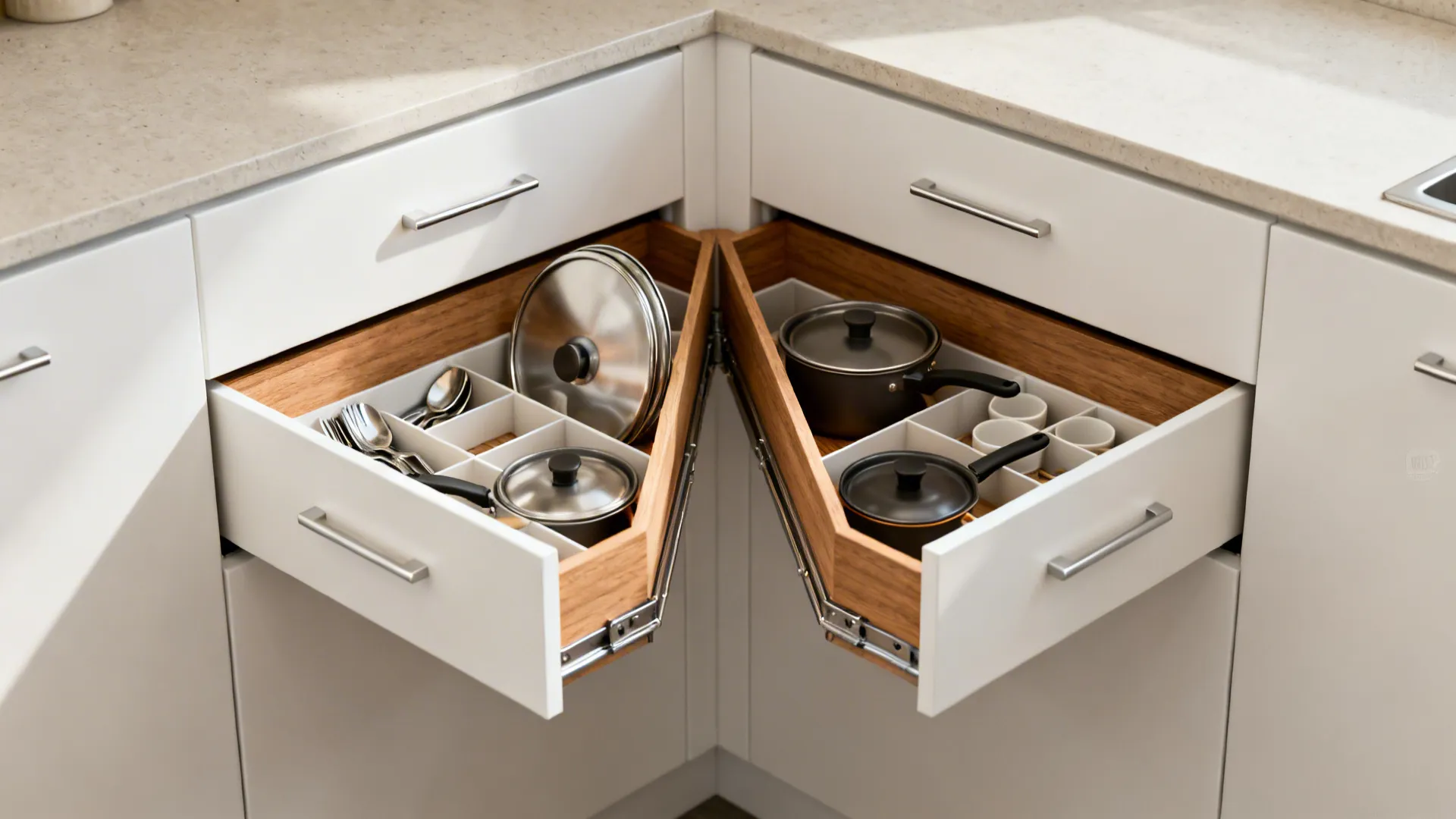 Macro view of corner drawers fully extended with organized cookware and dividers in a small kitchen.