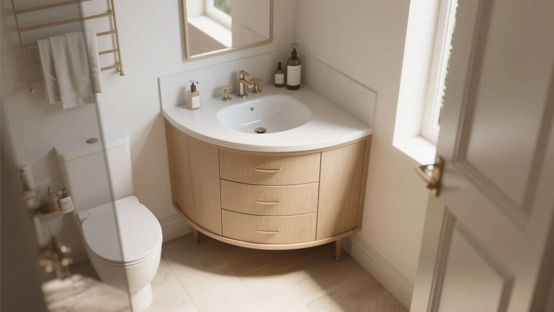 Corner wooden bathroom cabinet with white sink and gold faucet next to a white toilet