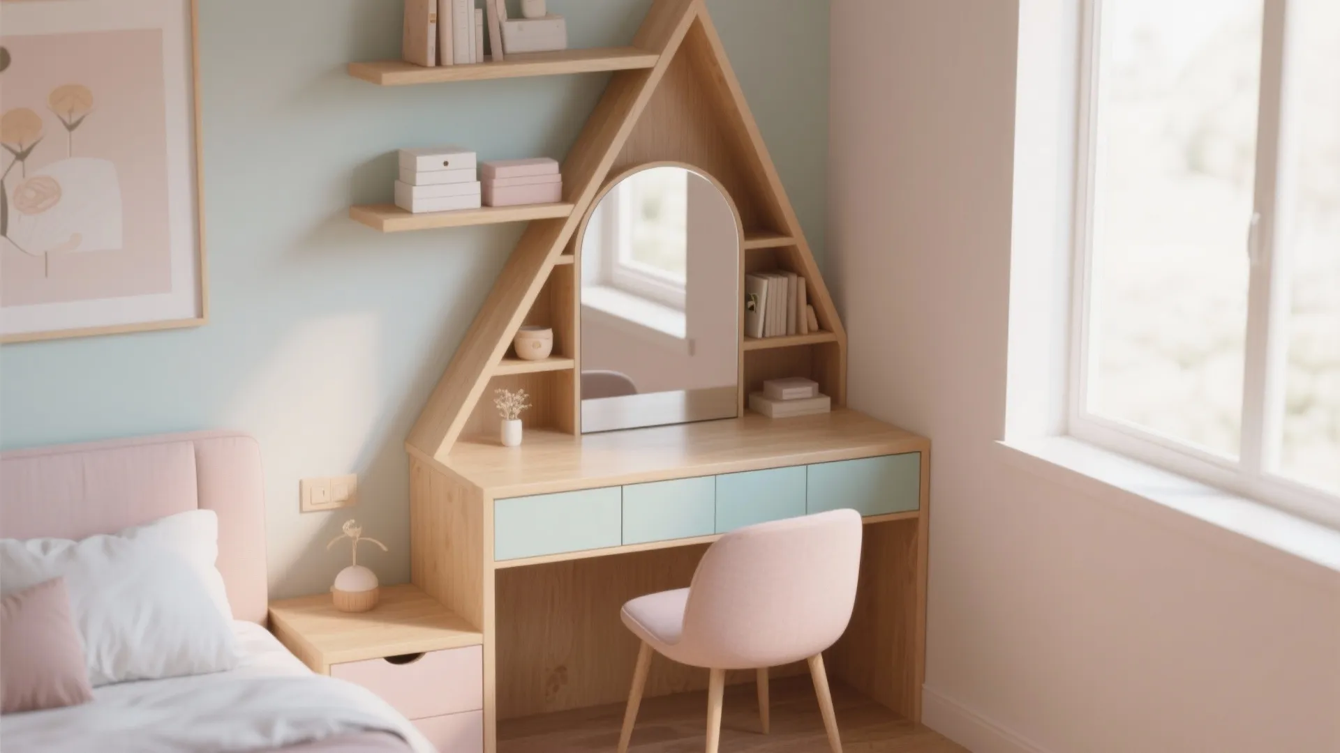 House shaped wooden desk with mirror and shelves next to bed with a pink chair