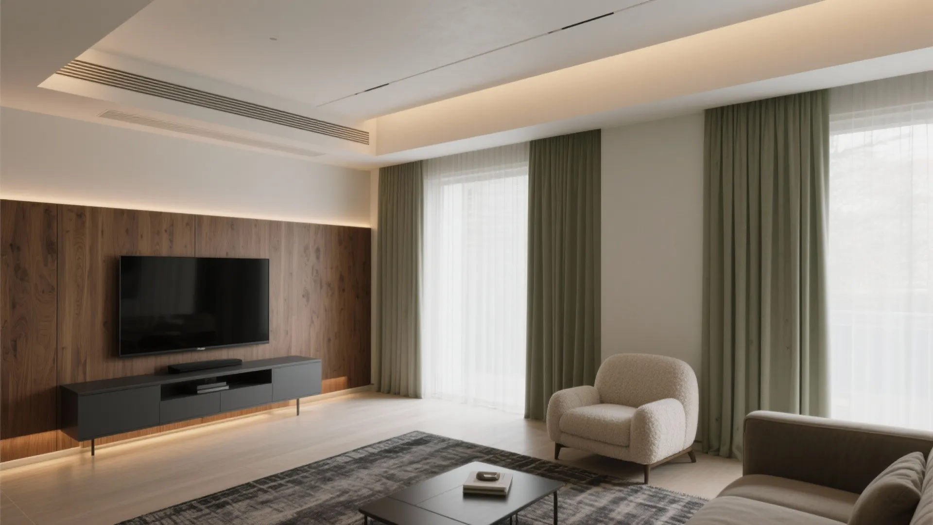 Modern living room with wood wall panel, television, grey cabinet, beige armchair, rug and green curtains