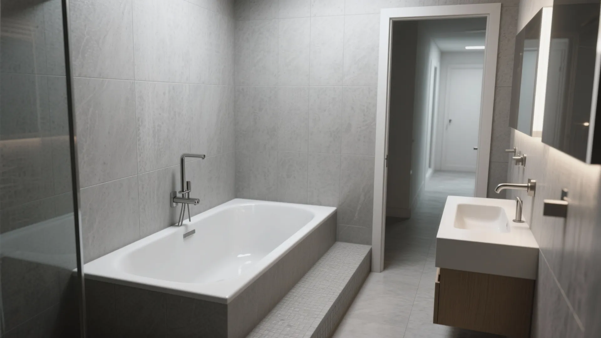 Vertical corner drop-in deep tub with tall basin and narrow vanity in a small ensuite.