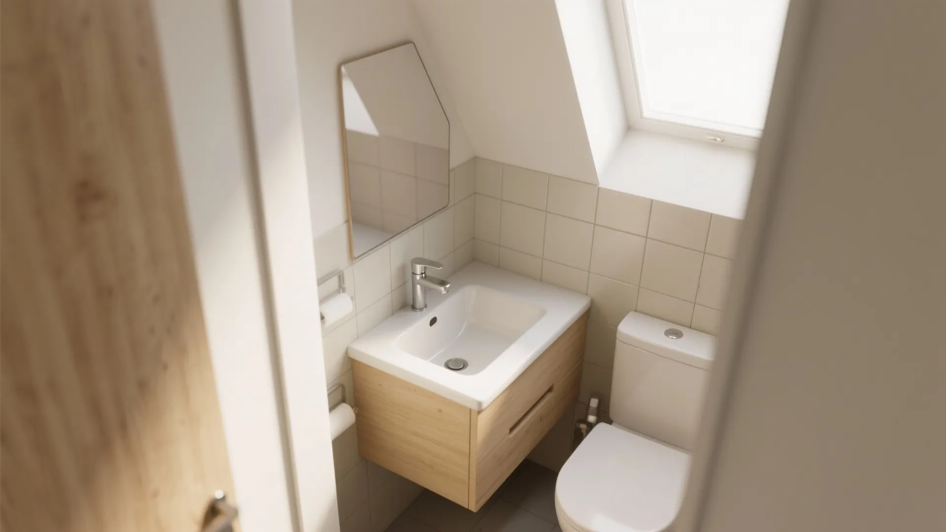 Narrow bathroom with a small triangular corner drop-in sink that preserves circulation and space.