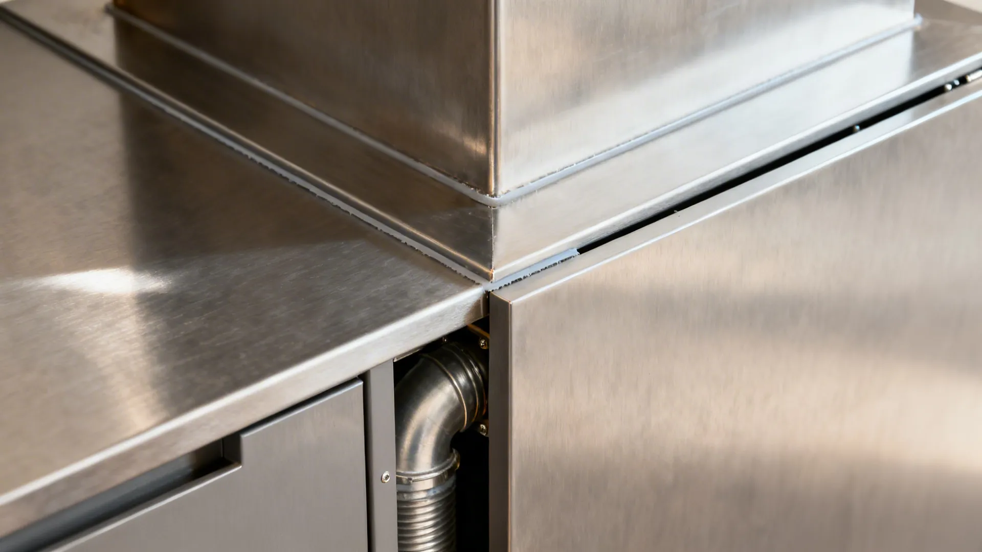 Macro of corner chimney integration showing concealed elbow and precise cabinet joinery.
