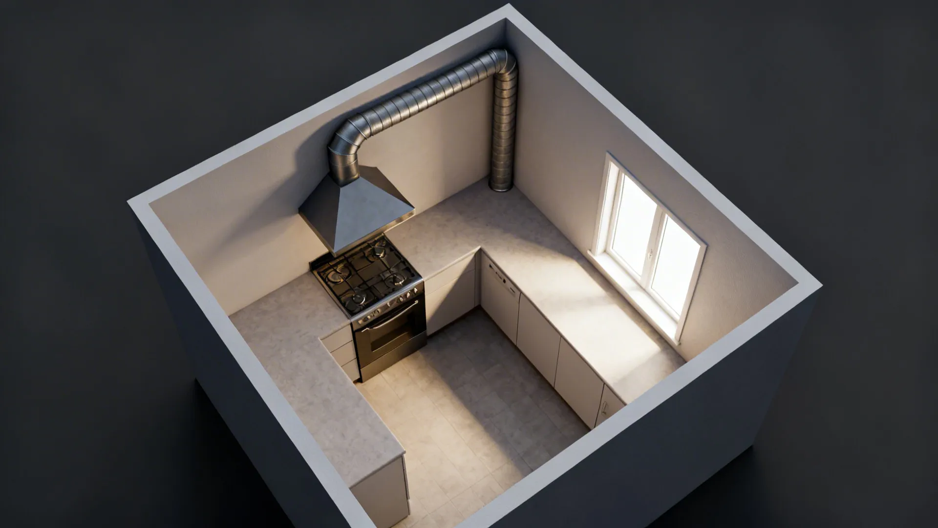 Top-down plan showing a corner range, corner hood, and diagonal duct to a side wall near a window.