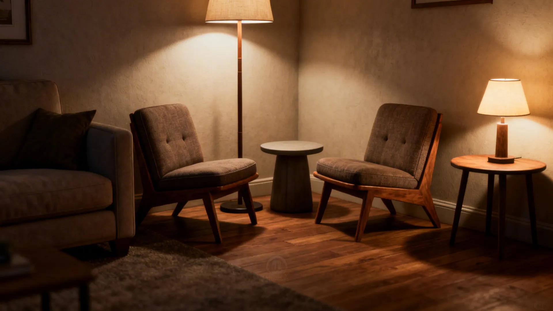 Cozy room corner featuring two wooden chairs with warm light from floor and table lamps