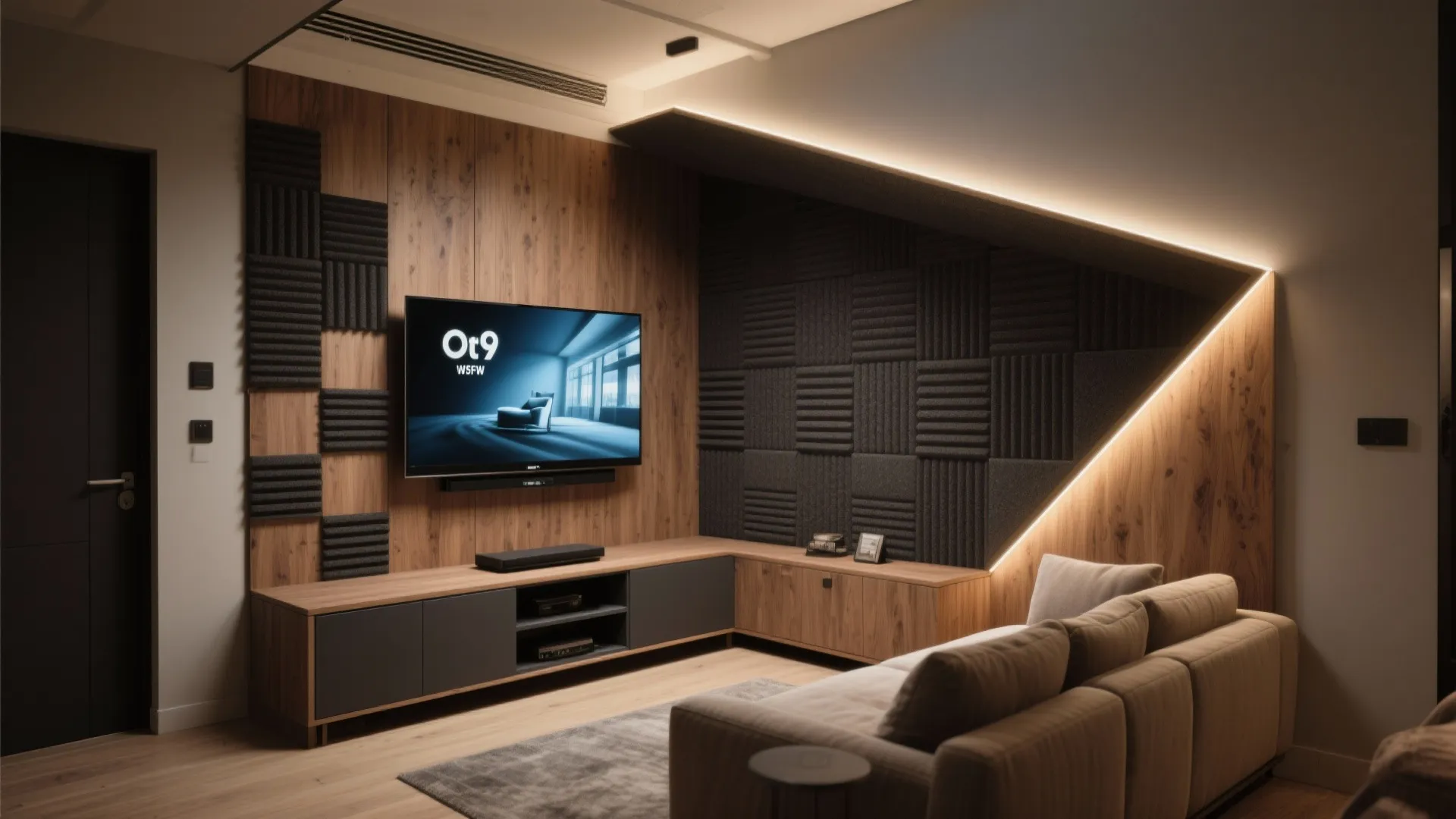 Corner entertainment hub with angled TV