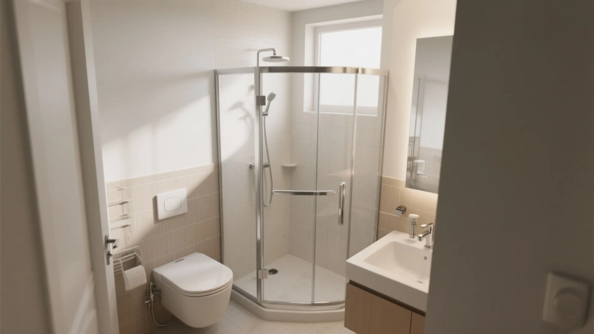 Corner entry glass shower saving space in a small bathroom