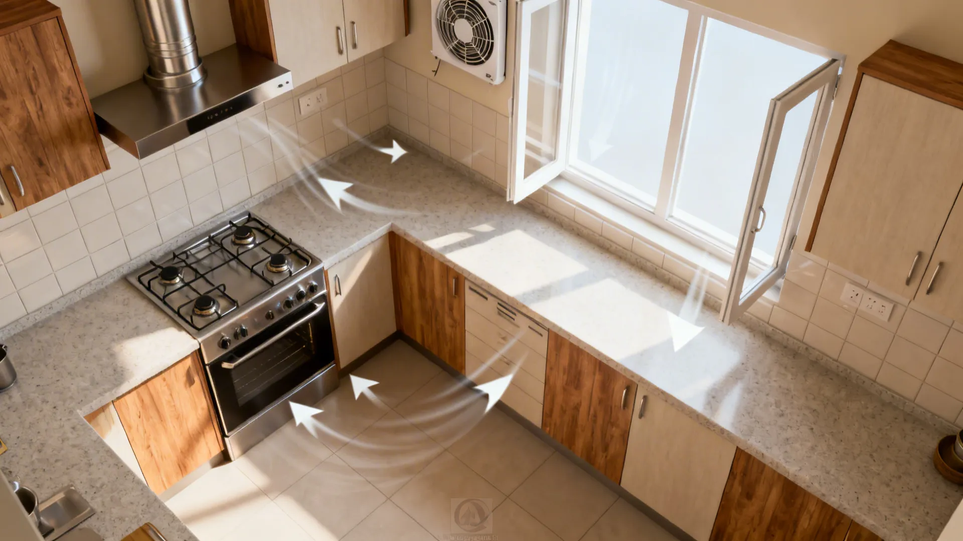 Corner-mounted fan with cross-vent window strategy