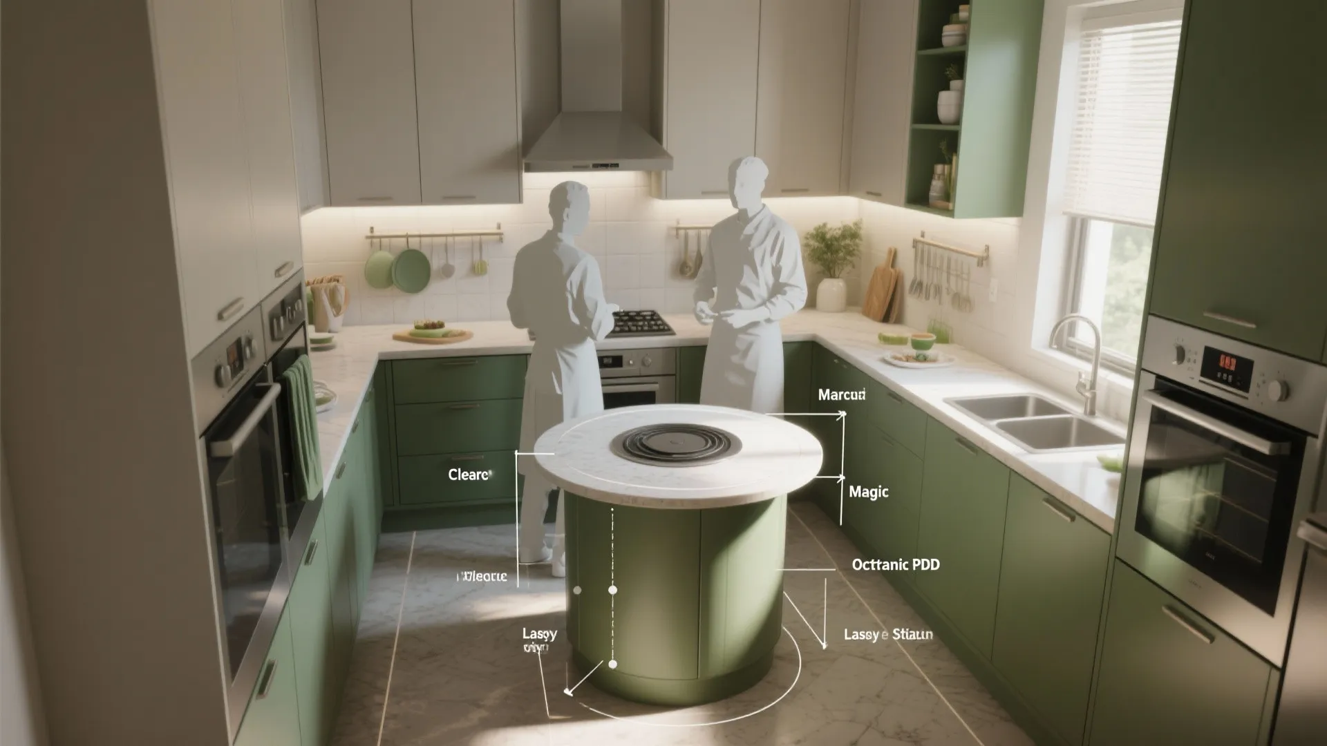 Green kitchen design drawing with small round island and labels showing measurements of room layout
