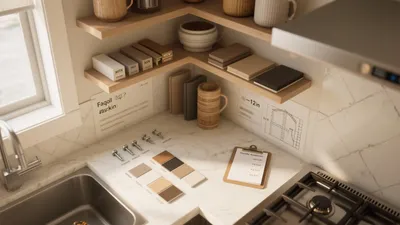 Modern Kitchen Corner with Open Shelving & Material Samples