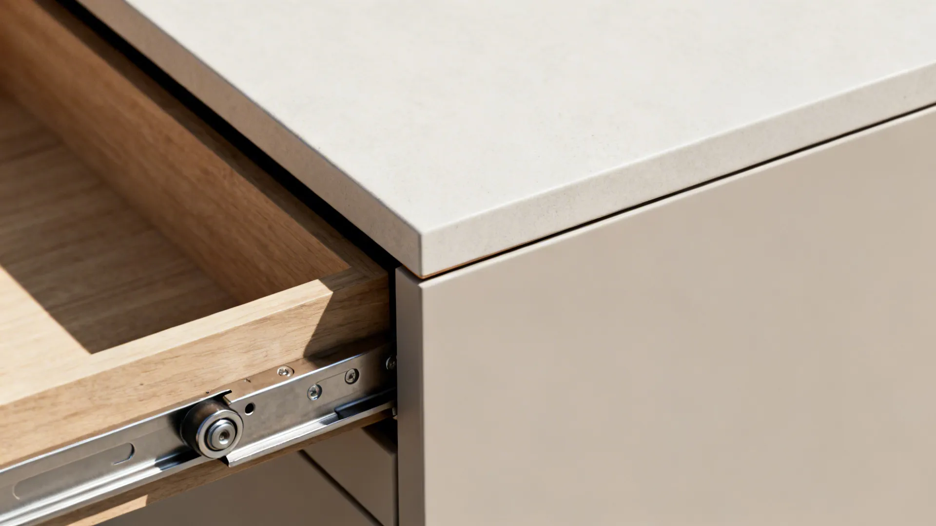 Close-up collage of Super Susan bearing, drawer slide, and metal pull-out tray details for corner cabinets.