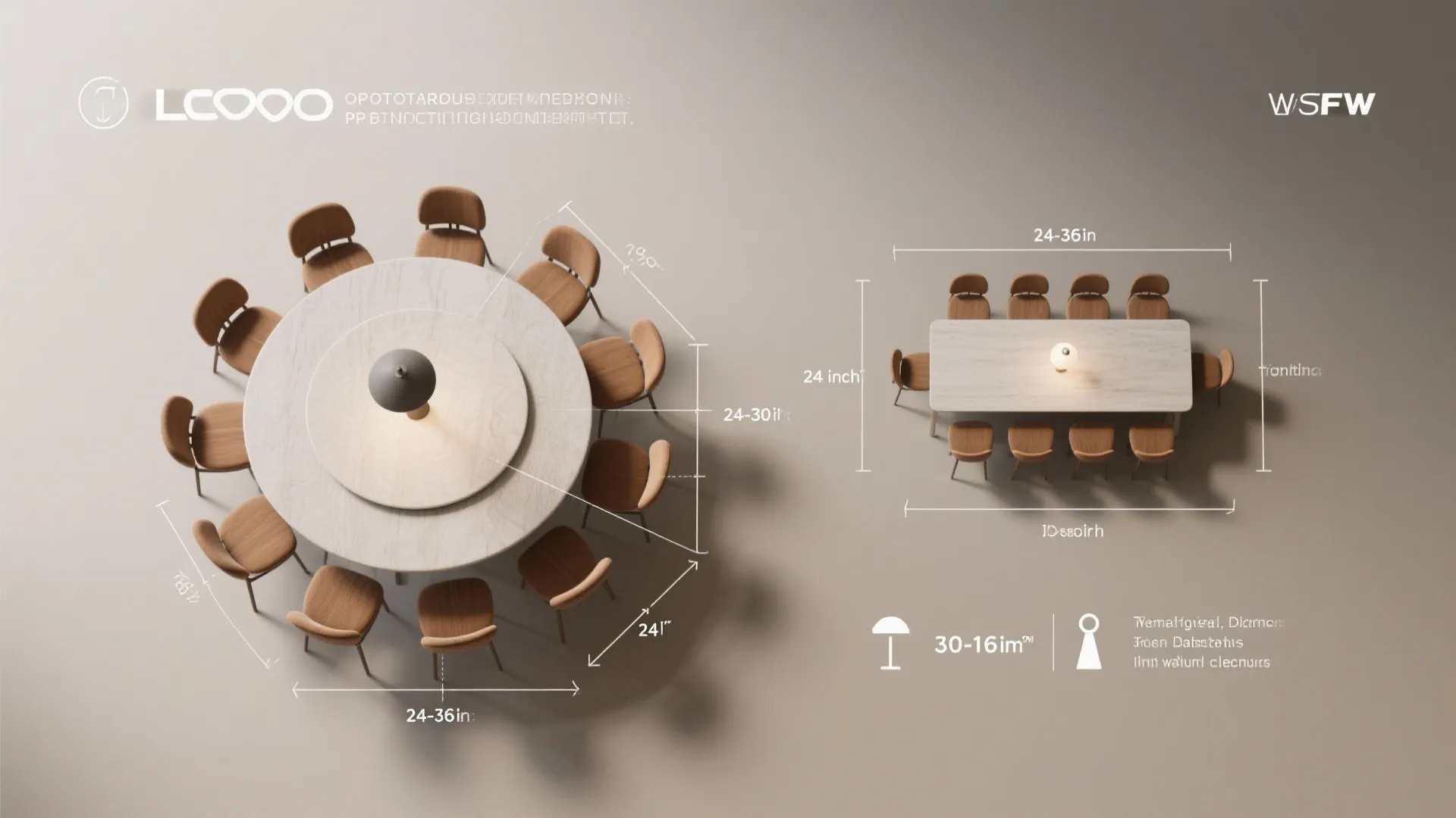 Diagram showing recommended dimensions and spacing for round and rectangular dining tables with several chairs