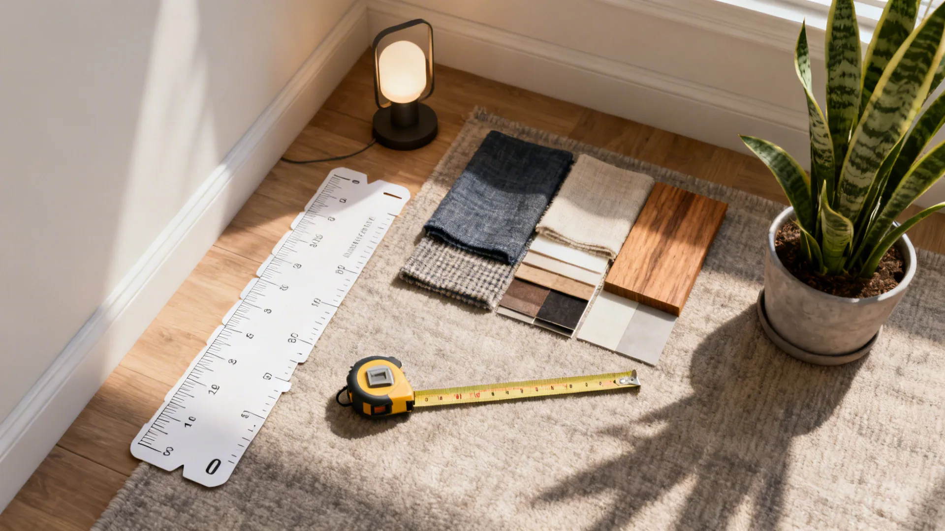 Interior design materials including fabric samples, wood blocks, tape measure, ruler and potted plant rug